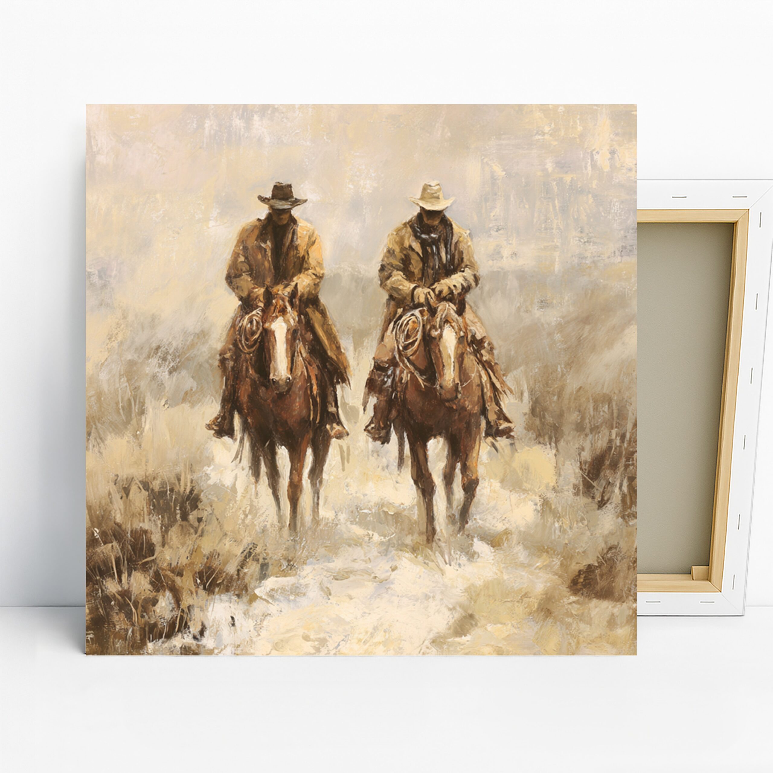 Cowboy Riders Art, Canvas or Poster, Western Rustic Decor, Living Room Office Bedroom Dining Room Wall Art, Brown Beige Yellow and White