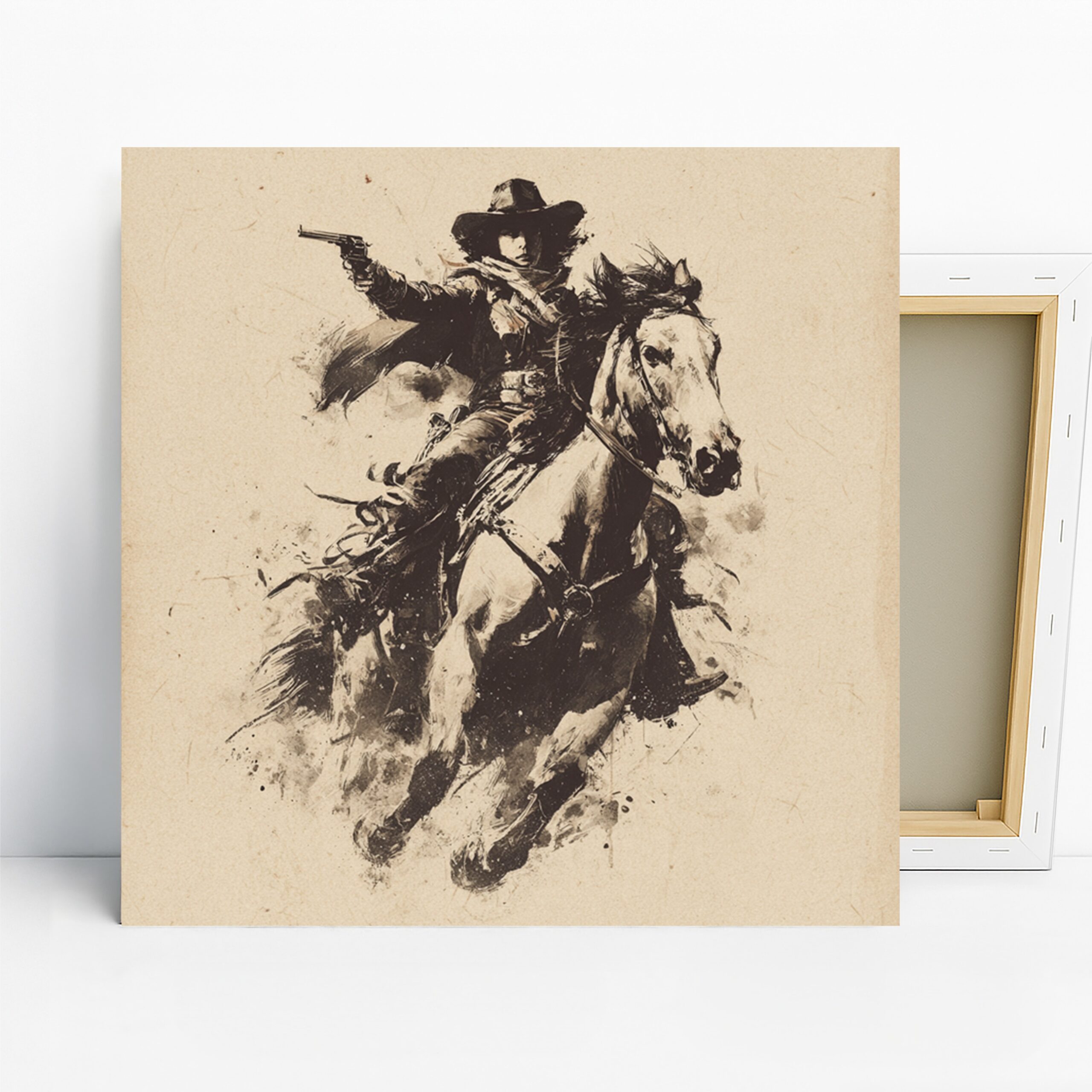 Cowboy Action Art, Canvas or Poster, Vintage Western Decor, Living Room Game Room Bedroom Wall Art, Black White Brown Beige
