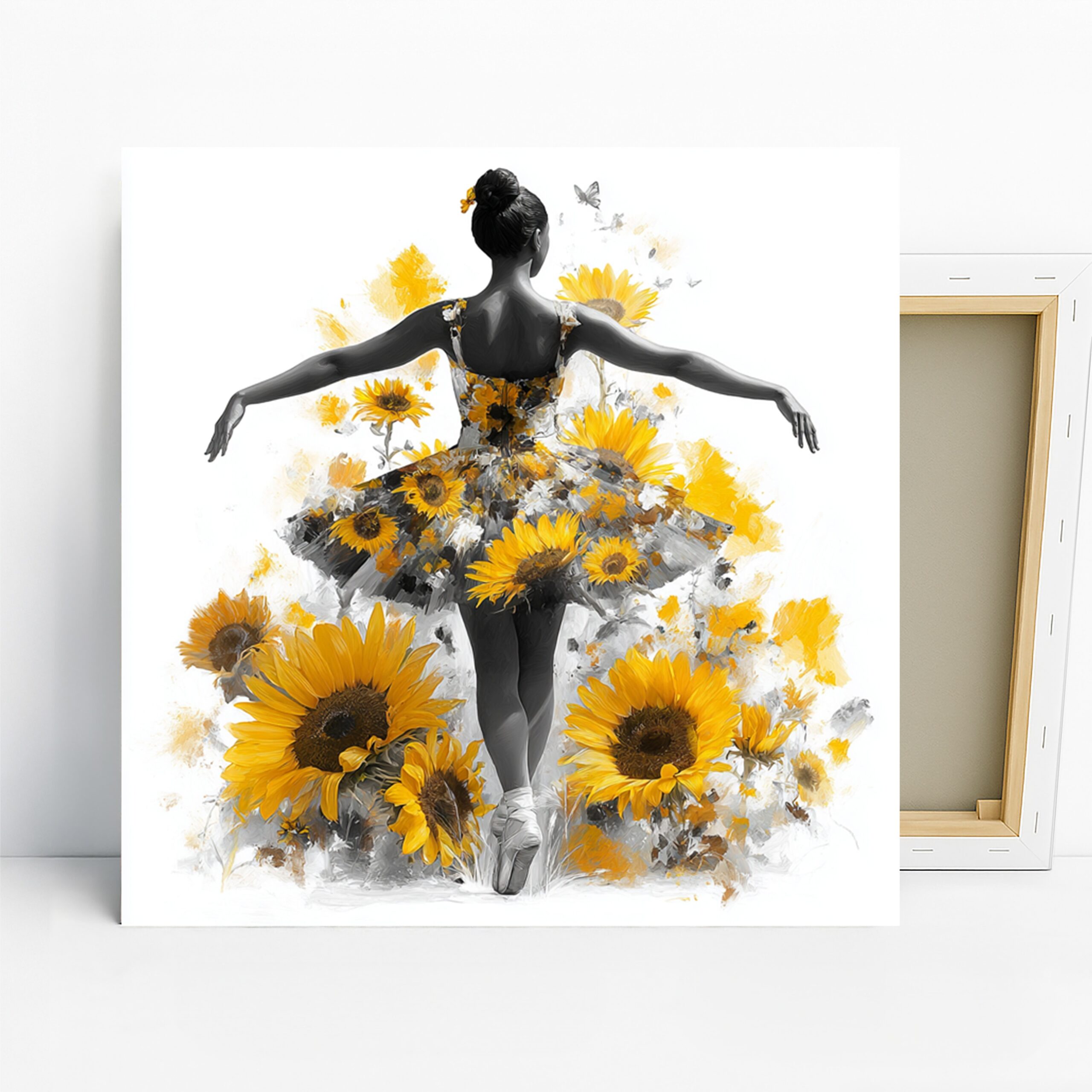 Sunflower Ballerina Art, Canvas or Poster, Contemporary Floral Decor, Living Room Bedroom Office Dance Studio Wall Art, Yellow Black White