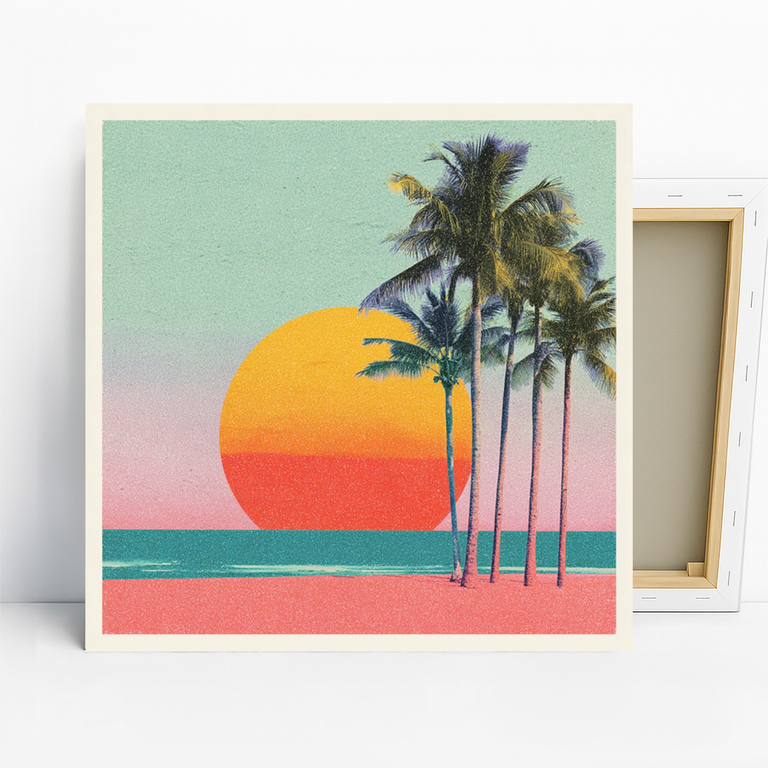 Tropical Sunset Palm Art, Canvas or Poster, Retro Vintage Nature Decor, Living Room Bedroom Office Sunroom Wall Art, Orange Pink Teal Green