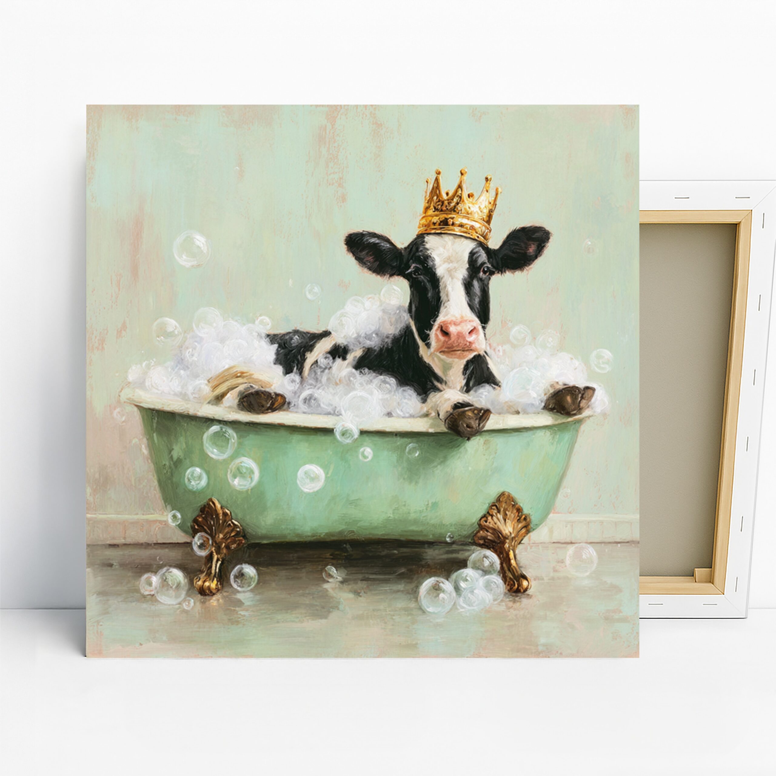 Cow Art, Canvas or Poster, Whimsical Rustic Decor, Bathroom Kitchen Laundry Room Children’s Room Wall Art, Black White Green Gold