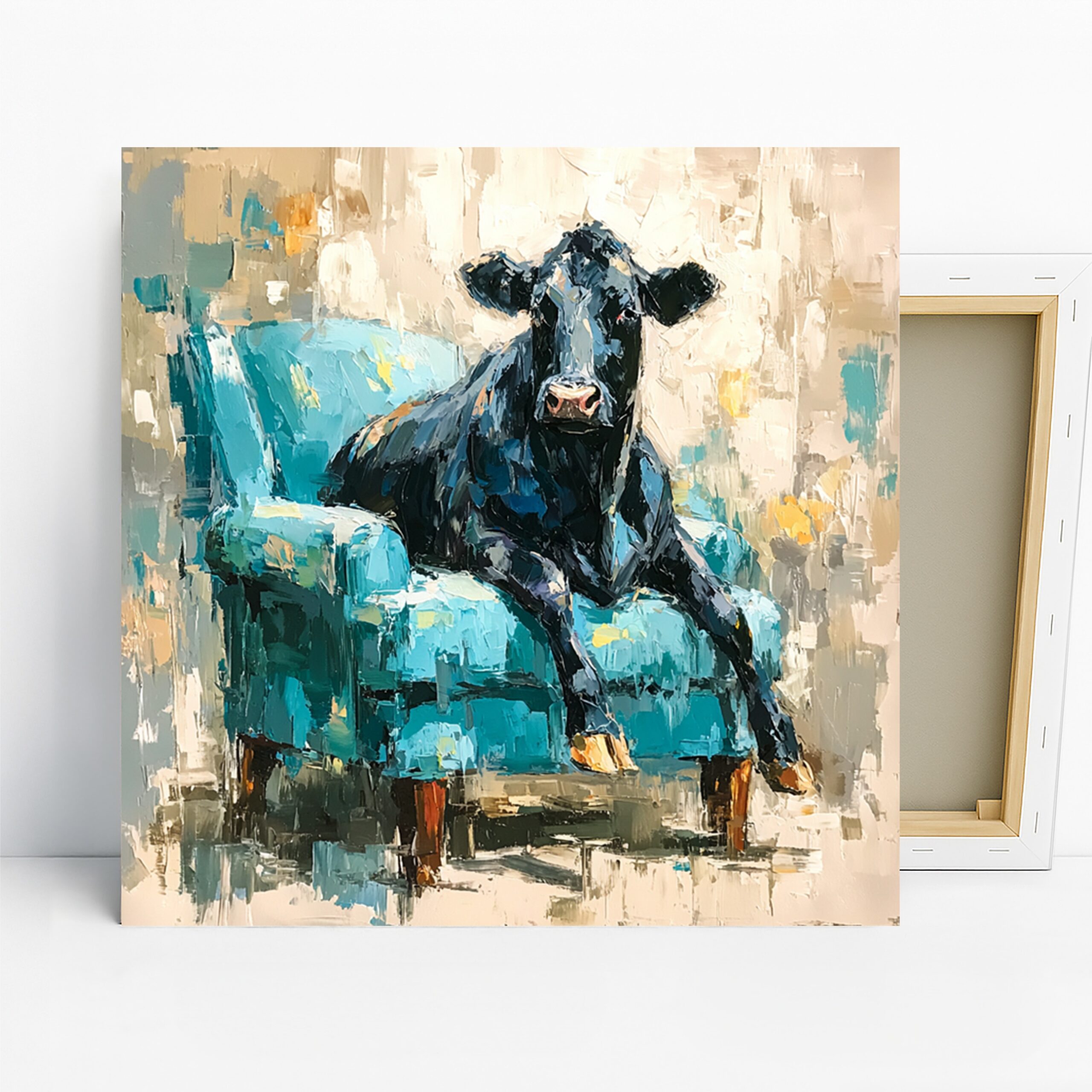Cow on Couch Art, Canvas or Poster, Contemporary Whimsical Decor, Living Room Bedroom Office Dining Room Wall Art,Blue Black White Turquoise