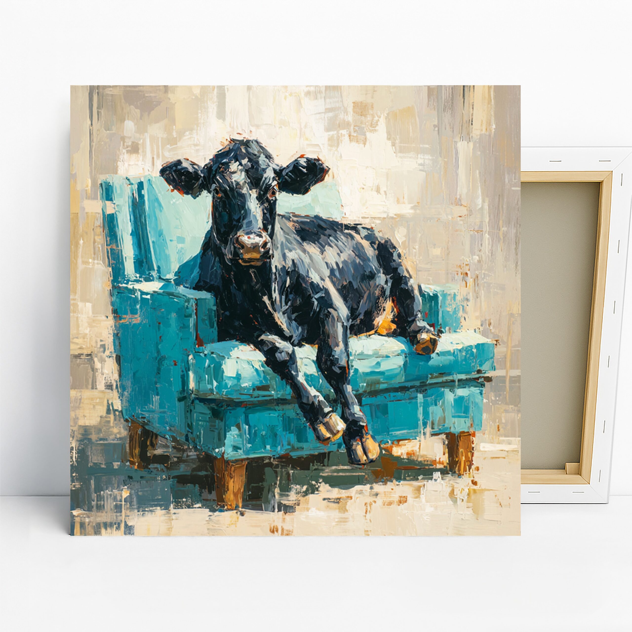 Cow on Couch Art, Canvas or Poster, Contemporary Animal Decor, Living Room Bedroom Office Wall Art, Blue Black White Beige