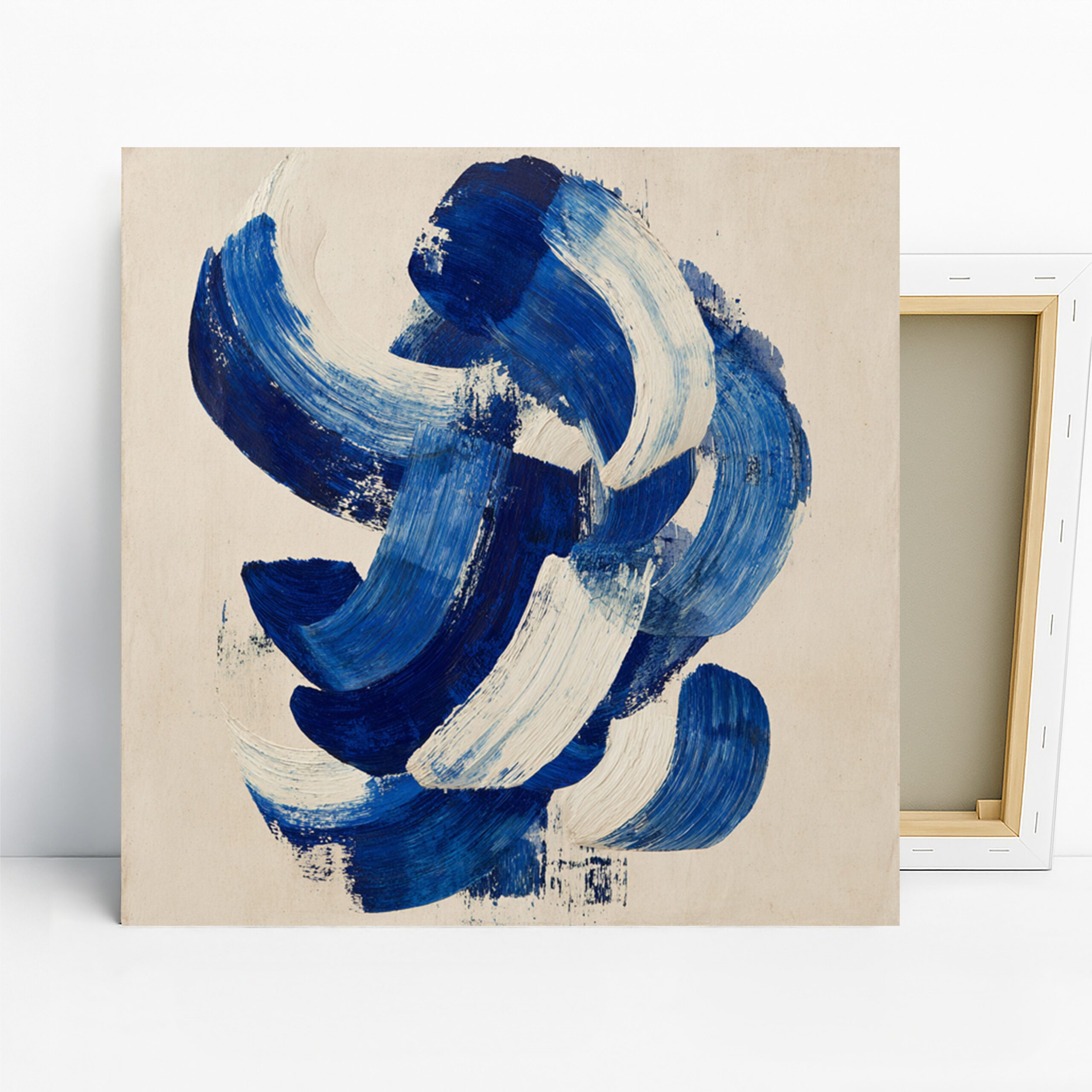 Blue Waves Art, Canvas or Poster, Abstract Modern Minimalist Decor, Living Room Bedroom Office Bathroom Wall Art, White Navy Blue