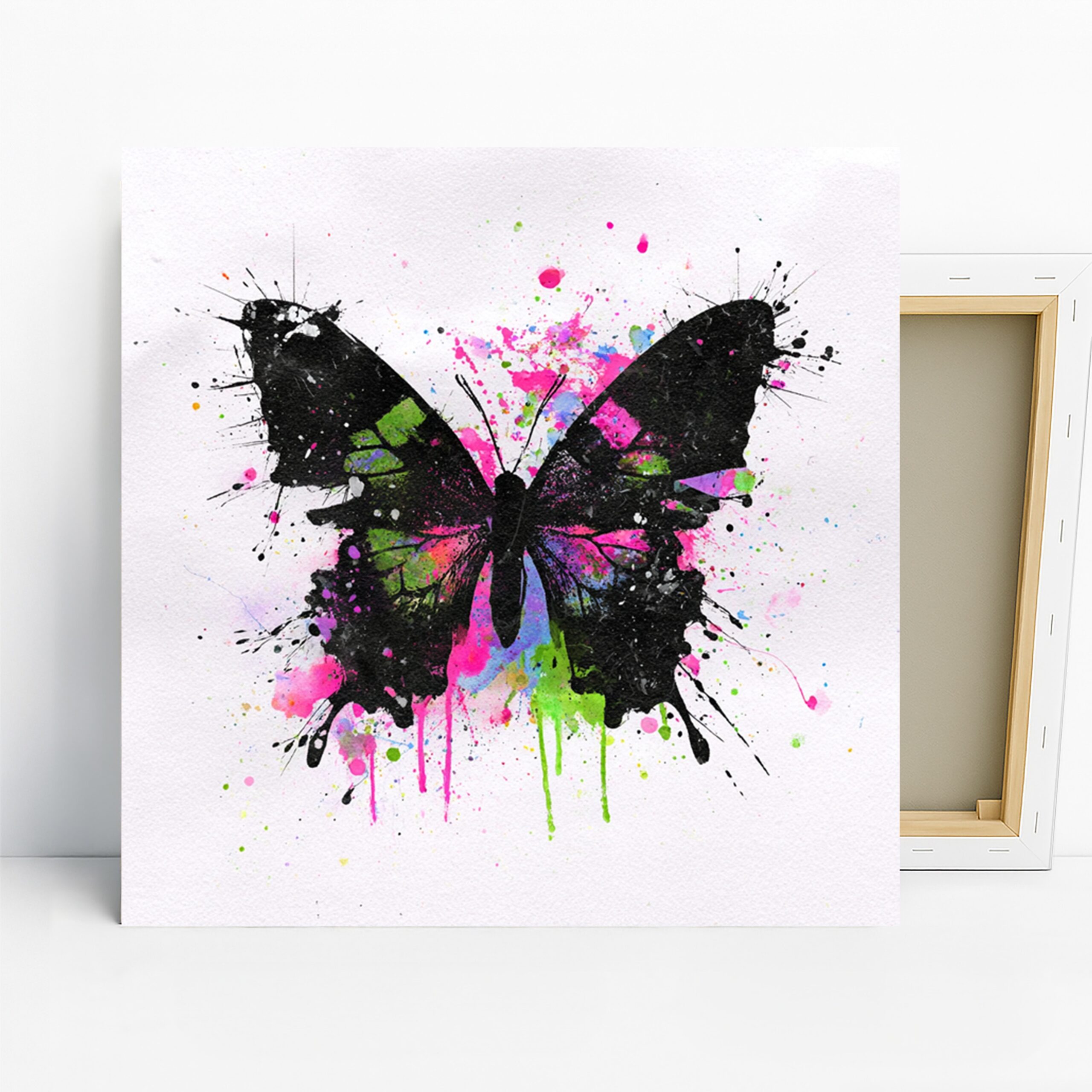 Butterfly Splash Art, Canvas or Poster, Abstract Modern Bohemian Decor, Living Room Bedroom Office Wall Art, Black Pink Green Purple
