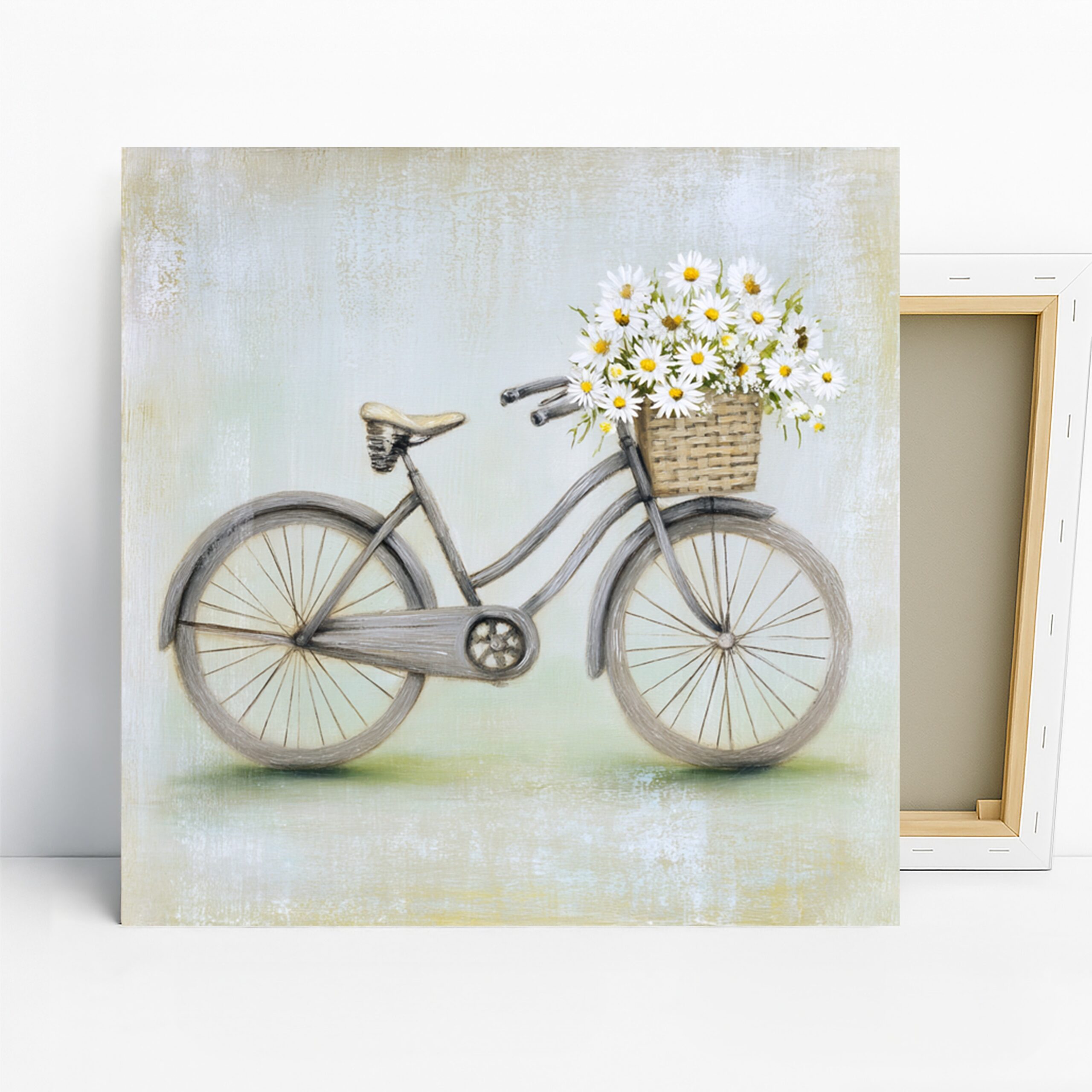 Daisy Bicycle Art, Canvas or Poster, Vintage Floral Farmhouse Decor, Living Room Bedroom Entryway Wall Art, White Green Yellow Brown