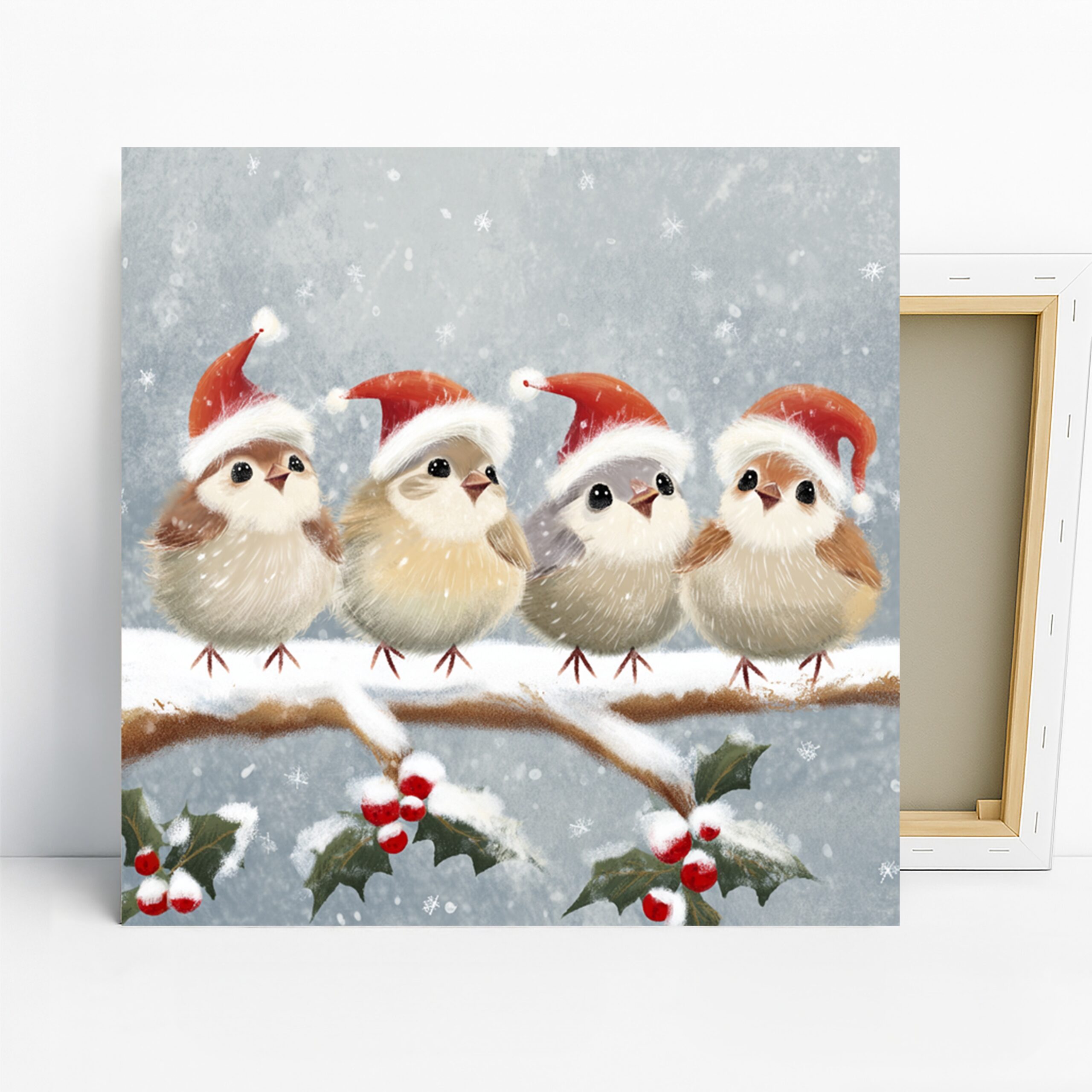 Bird Christmas Art, Canvas or Poster, Whimsical Rustic Decor, Living Room Bedroom Nursery Wall Art, Red White Grey,Winter Holiday Home Decor