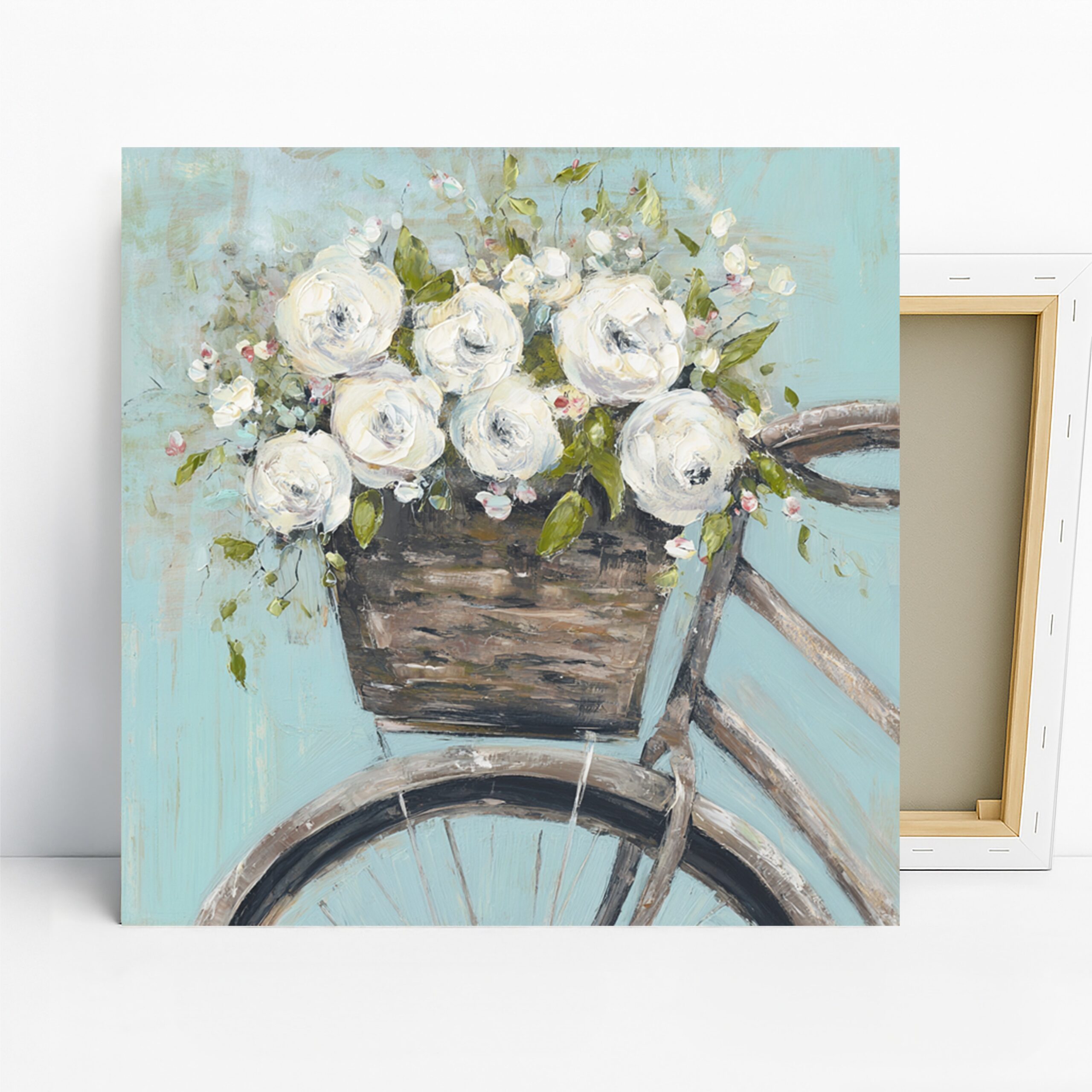 Bicycle Flower Basket Art, Canvas or Poster, Vintage Floral Nature Decor, Bedroom Living Room Bathroom Wall Art, White Green Blue