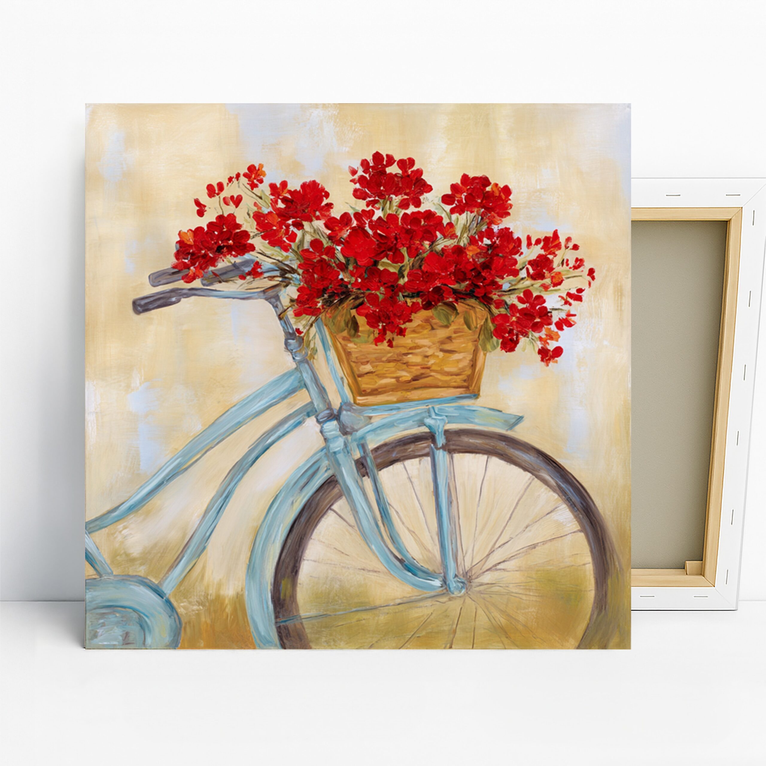 Bicycle Flower Basket Art, Canvas or Poster, Vintage Floral Rustic Decor, Living Room Bedroom Entryway Wall Art, Red Blue Beige