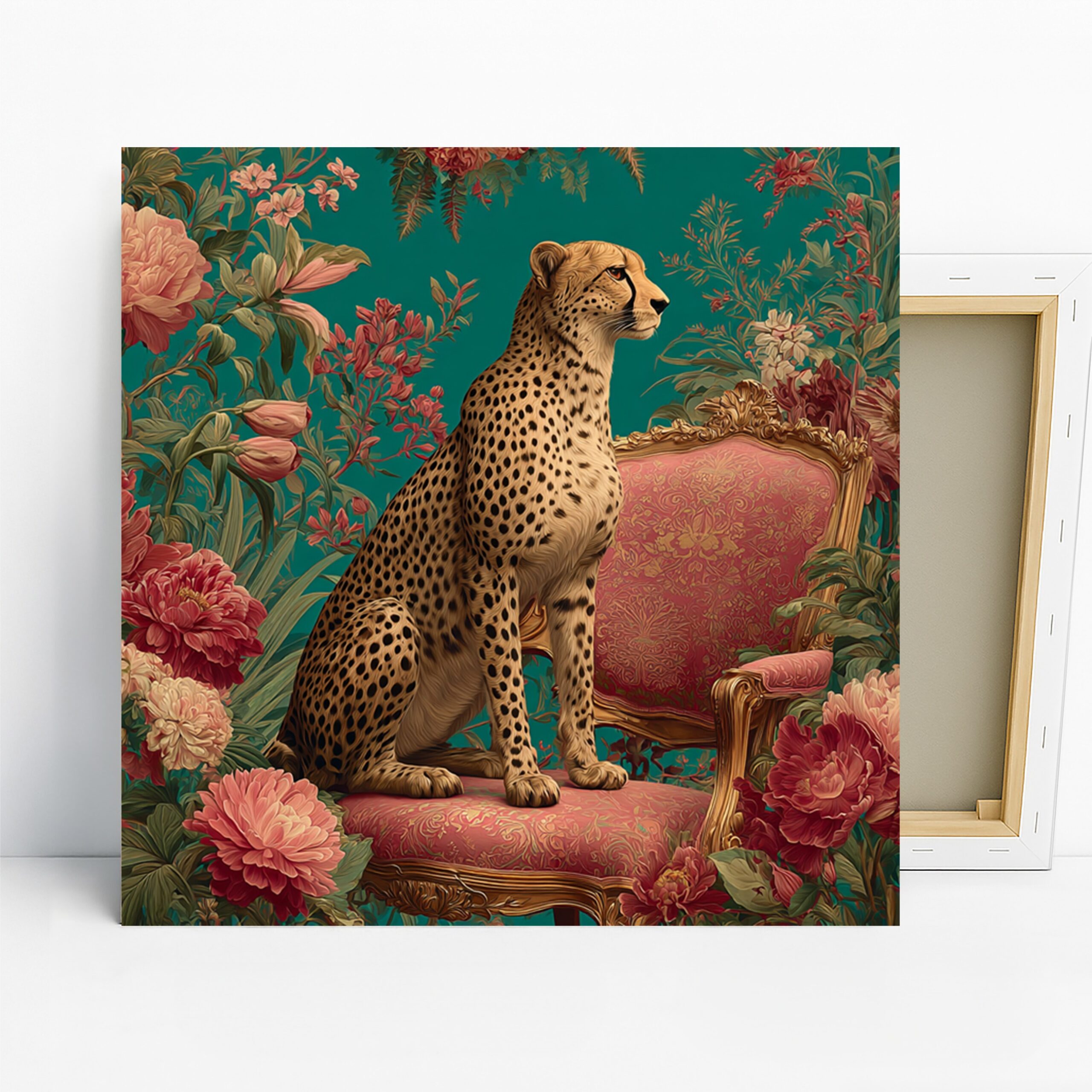 Cheetah Floral Throne Art, Canvas or Poster, Animal Contemporary Decor, Living Room Bedroom Office Dining Wall Art, Teal Pink Gold Brown