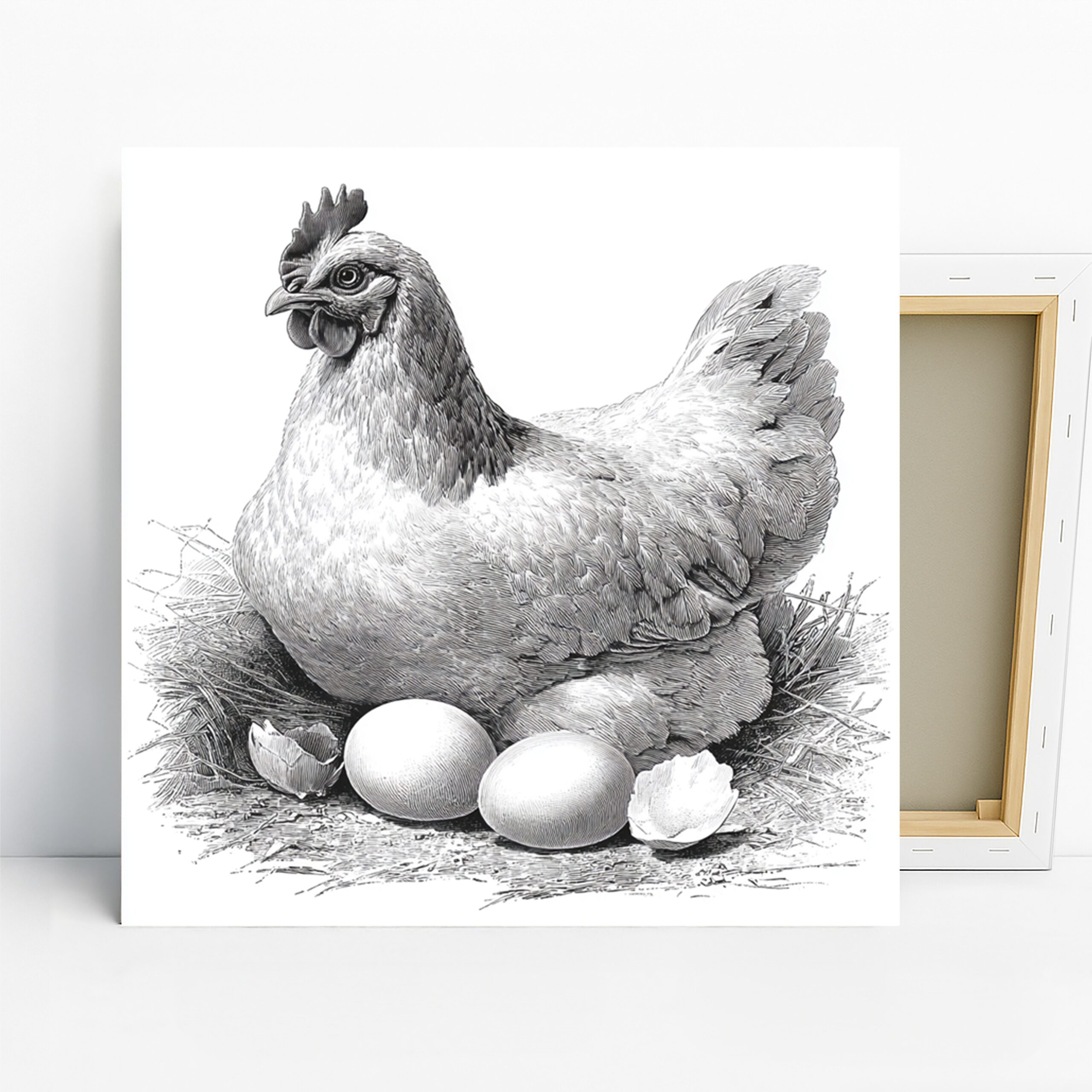 Hen and Eggs Art, Canvas or Poster, Vintage Farmhouse Decor, Kitchen Dining Room Laundry Room Wall Art, Black White Grey Red