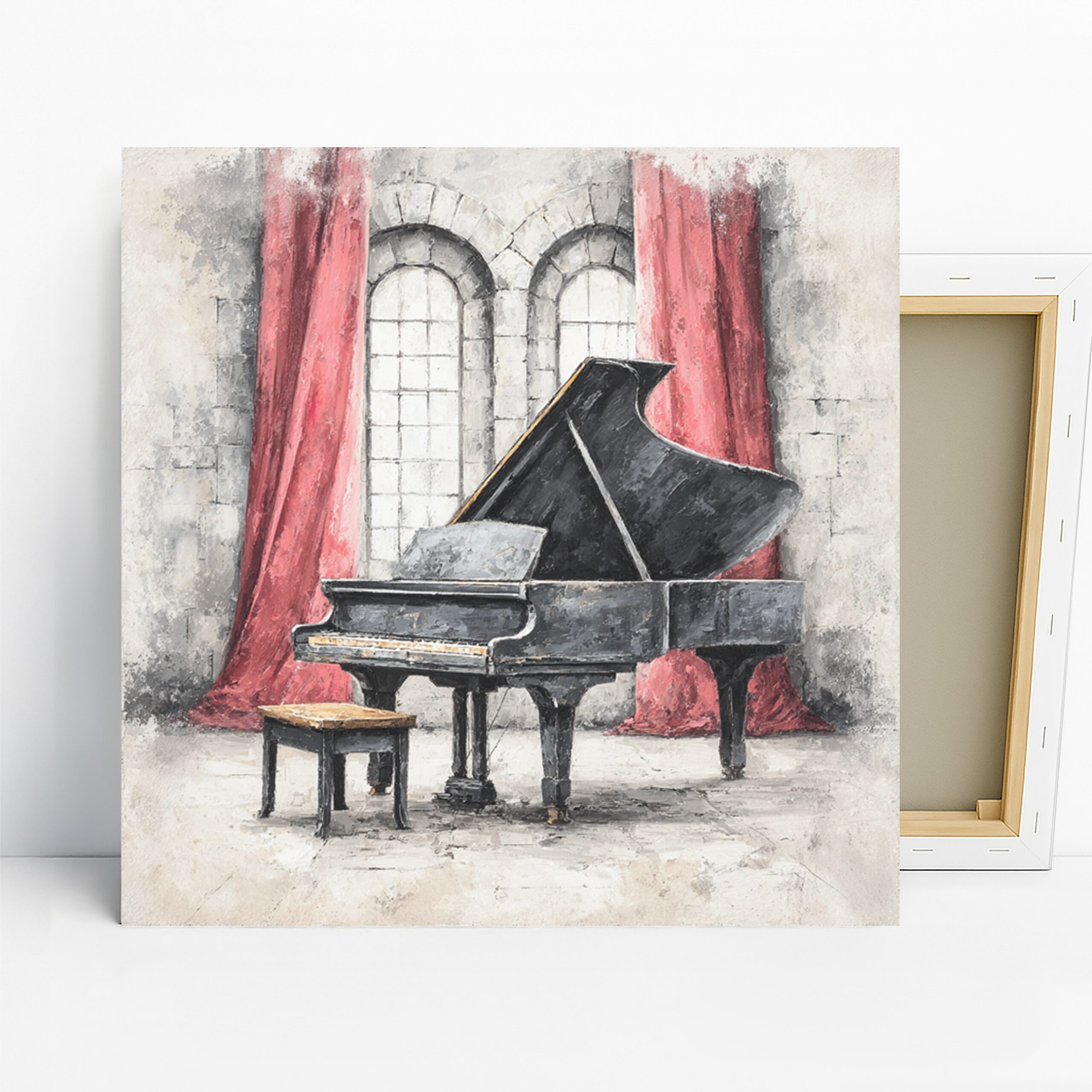 Grand Piano Elegance Art, Canvas or Poster, Classic Vintage Decor, Living Room Music Room Study Dining Room Wall Art, Black Red White Grey