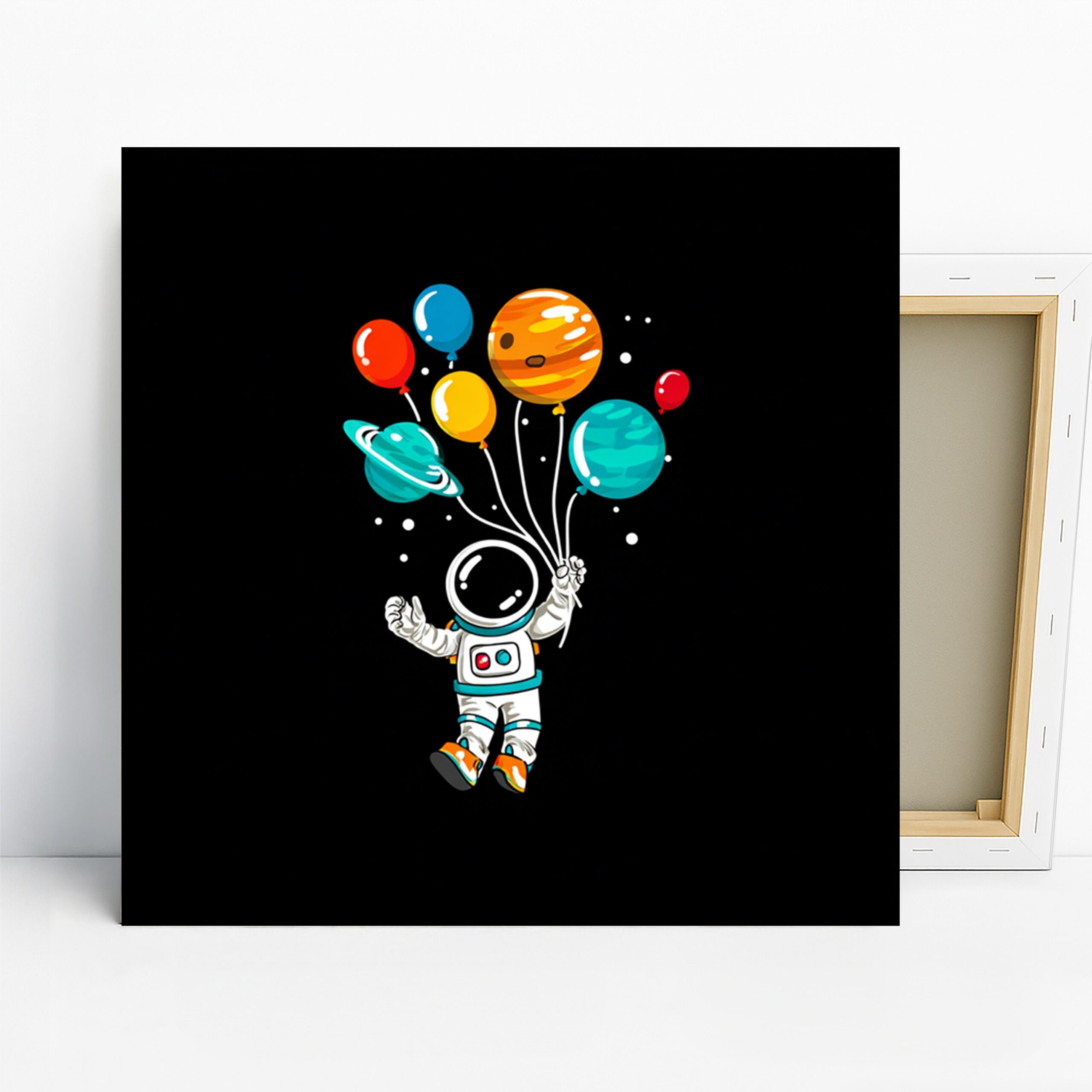 Astronaut Planet Balloon Art, Canvas or Poster, Whimsical Modern Decor, Children’s Room Game Room Office Wall Art, White Blue Orange Red
