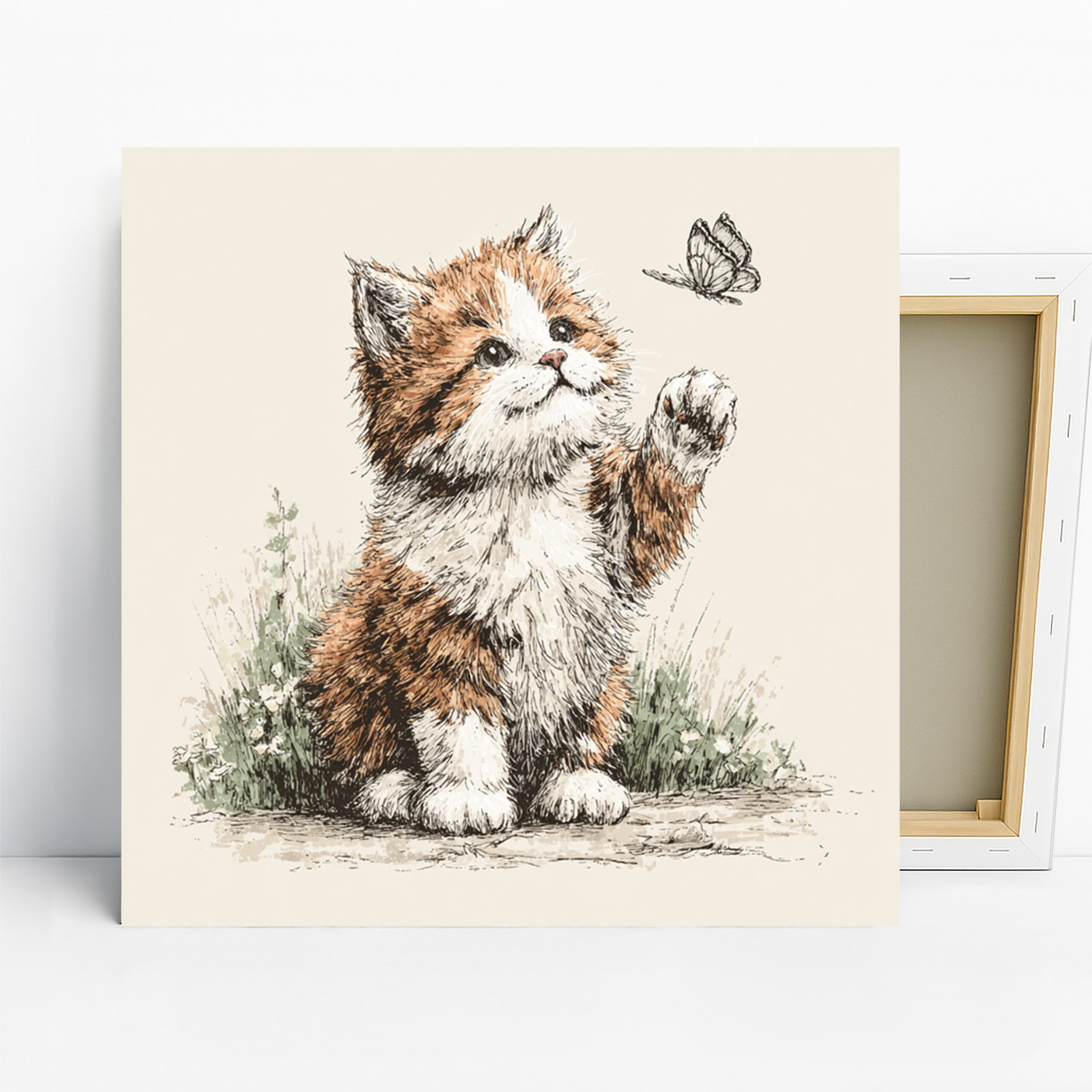 Kitten Art, Canvas or Poster, Whimsical Animal Nature Decor, Children’s Room Nursery Living Room Bedroom Wall Art, Brown White Green Black