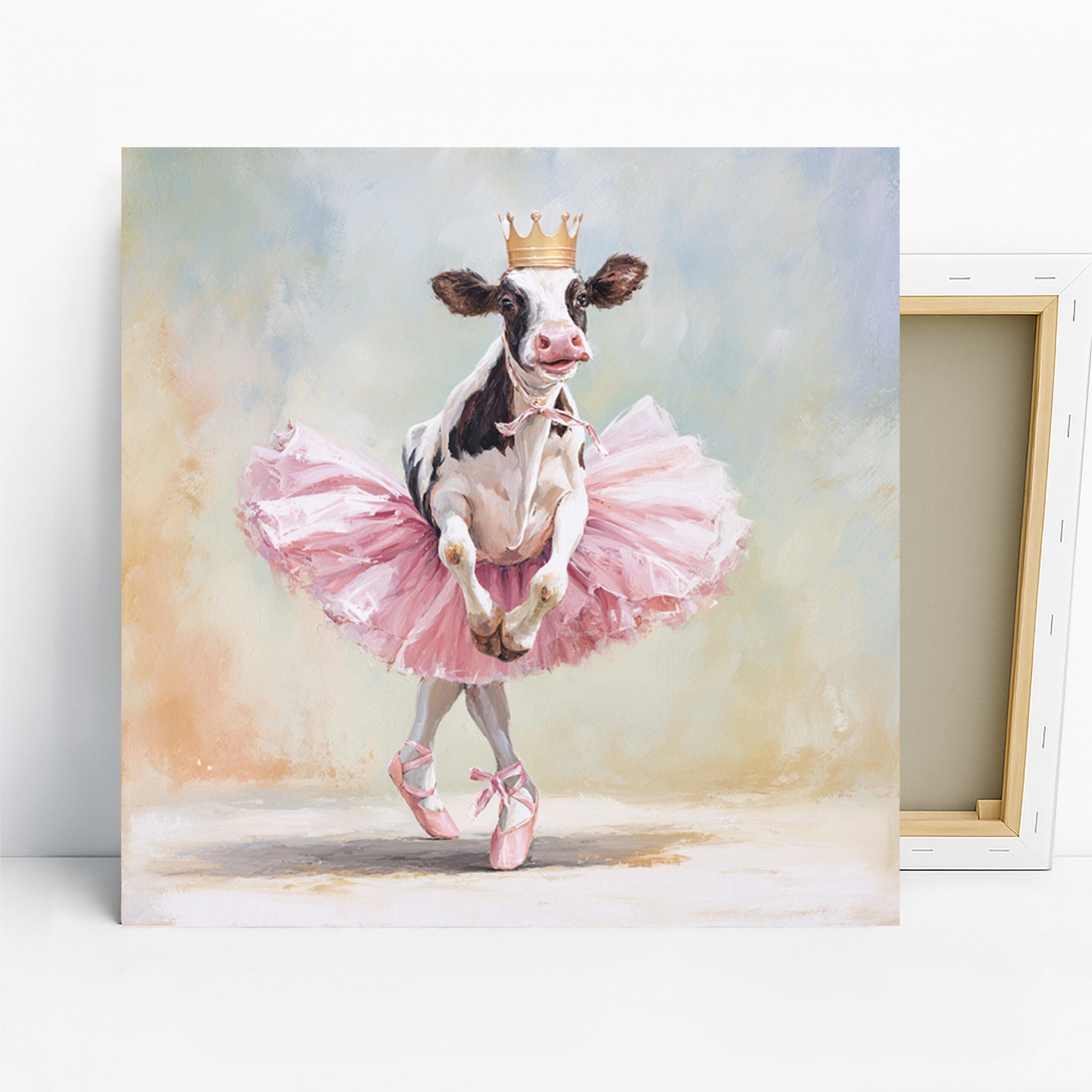 Ballerina Cow Art, Canvas or Poster, Whimsical Farmhouse Decor, Kitchen Dining Room Living Room Wall Art, Pink White Gold and Black