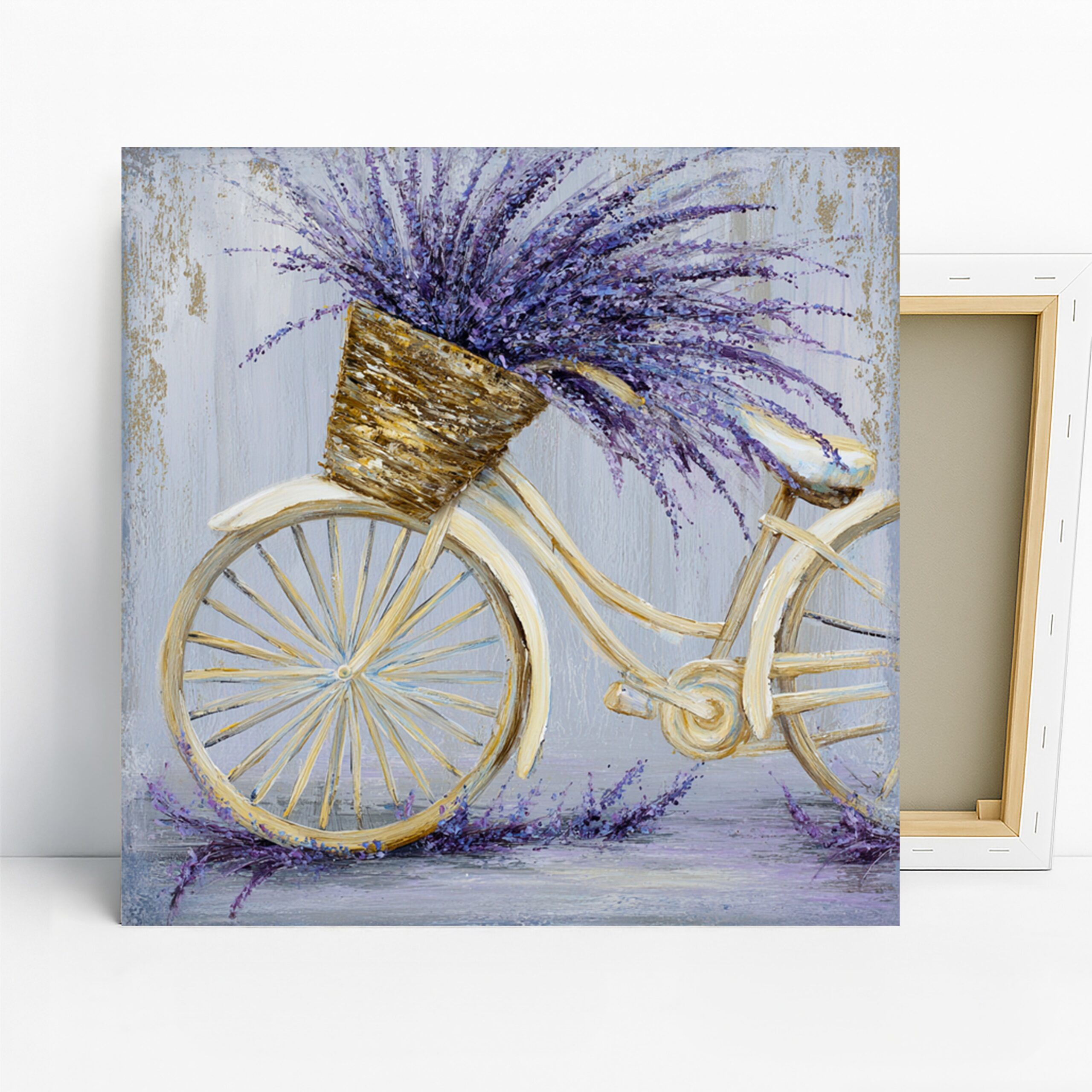 Lavender Bicycle Art, Canvas or Poster, Vintage Floral Rustic Decor, Living Room Bedroom Entryway Wall Art, Purple Gold White