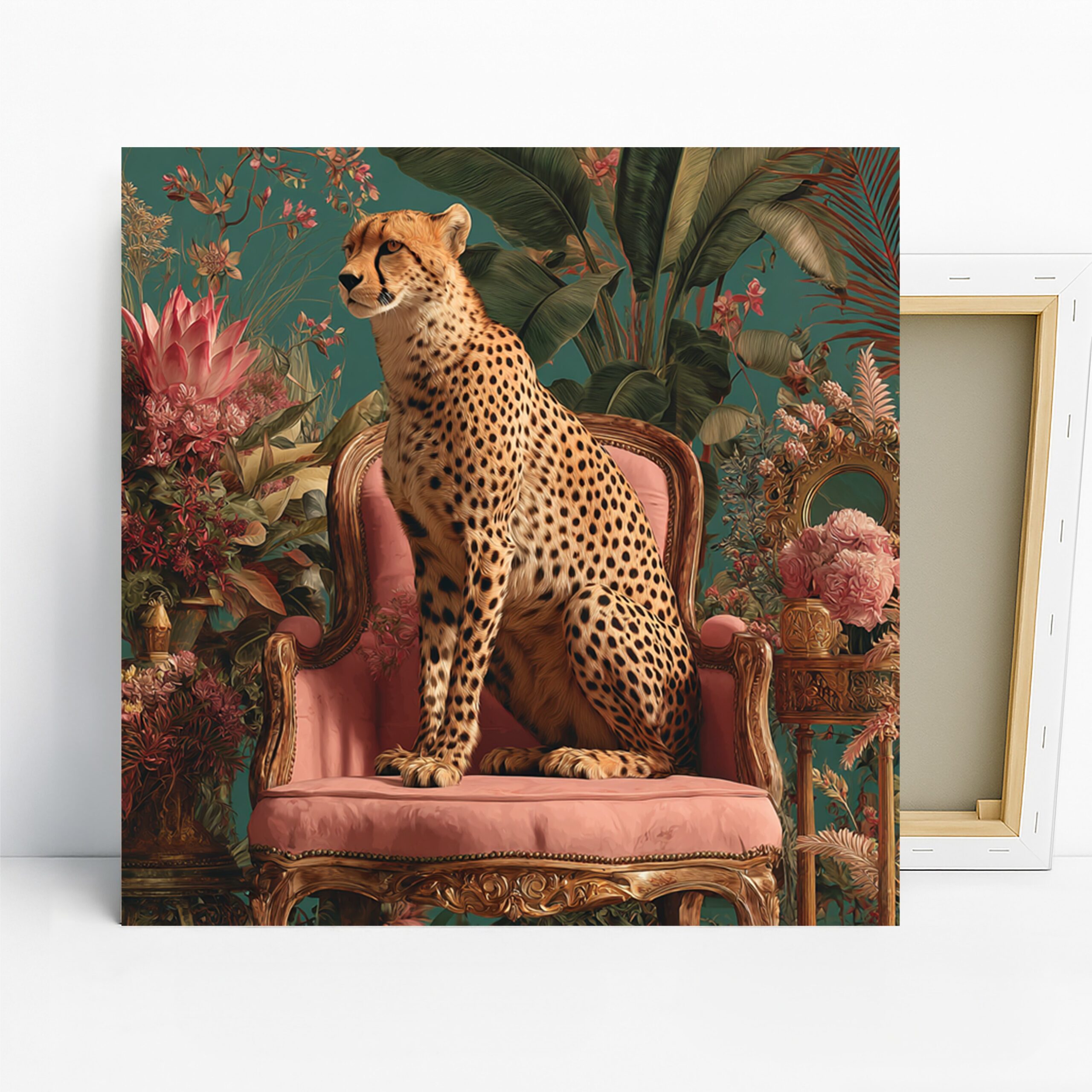 Cheetah Throne Art, Canvas or Poster, Contemporary Animal Decor, Living Room Bedroom Office Wall Art, Pink Gold Green and Brown
