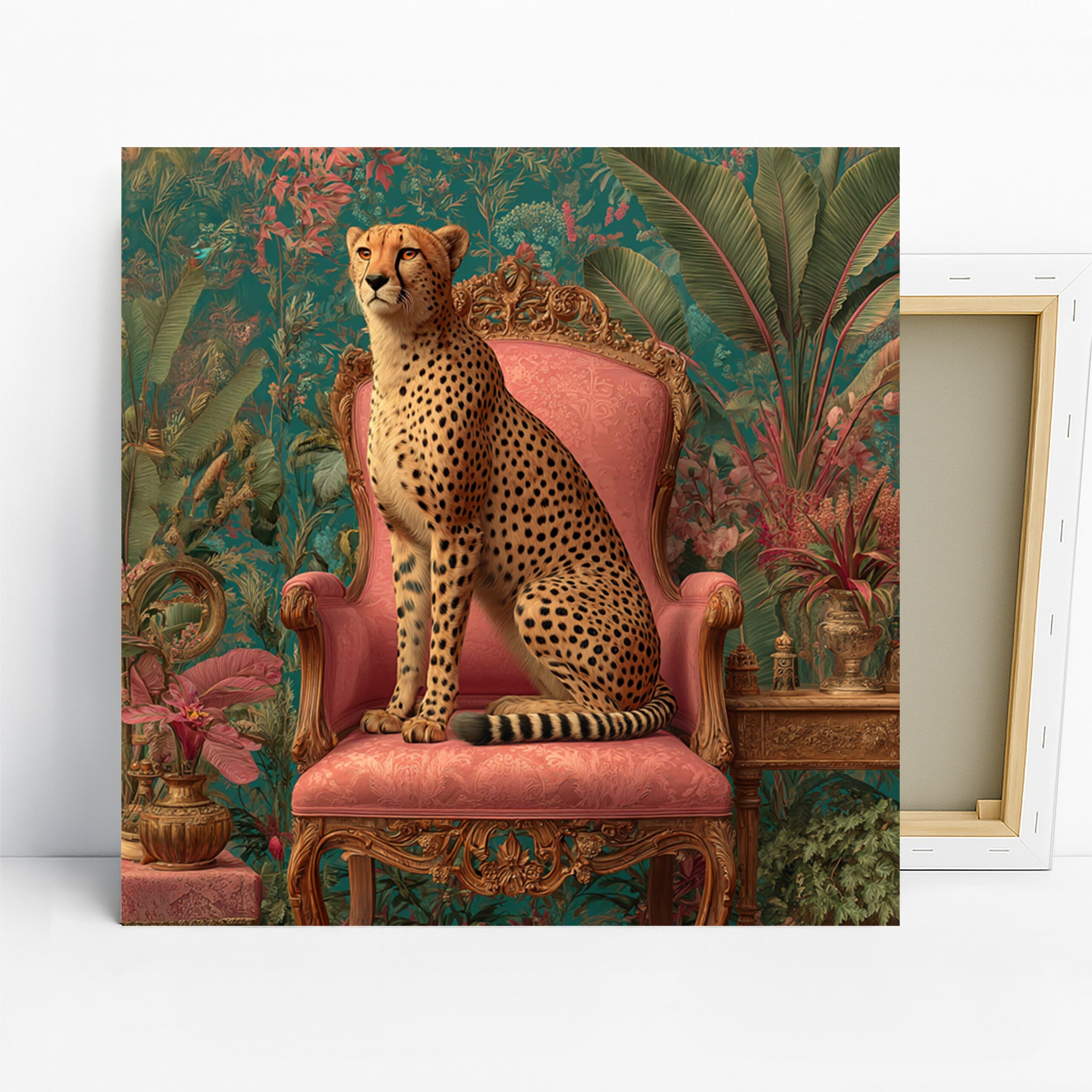 Cheetah Throne Art, Canvas or Poster, Whimsical Bohemian Decor, Living Room Bedroom Office Wall Art, Pink Gold Teal Brown