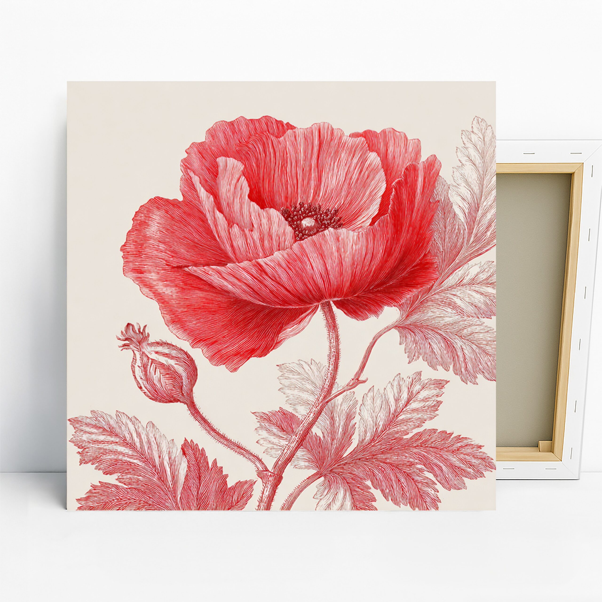 Red Poppy Art, Canvas or Poster, Floral Classic Decor, Living Room Bedroom Office Wall Art, Red Pink Green and White