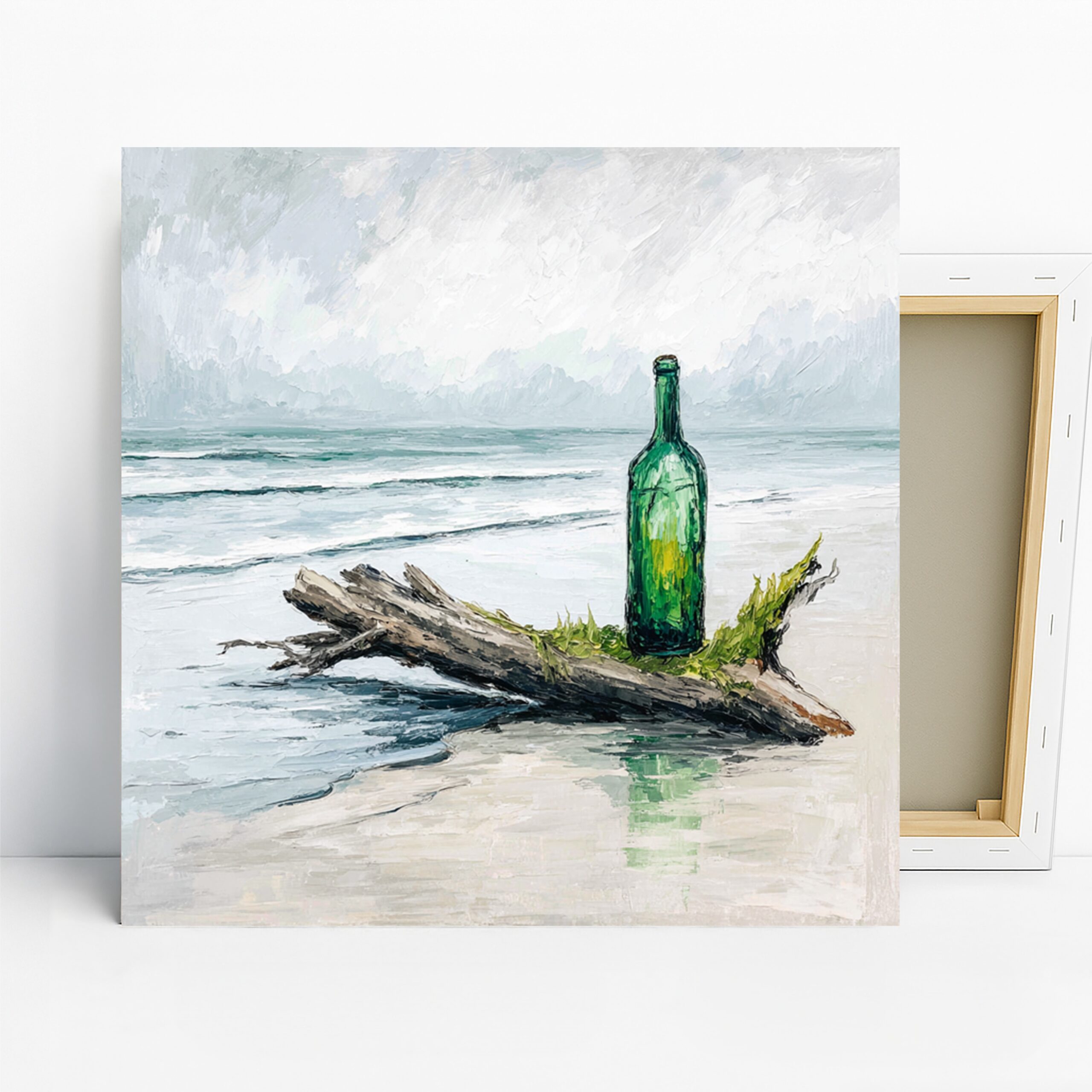 Seaside Bottle Art, Canvas or Poster, Contemporary Coastal Decor, Living Room Bedroom Bathroom Wall Art, Green Blue Gray