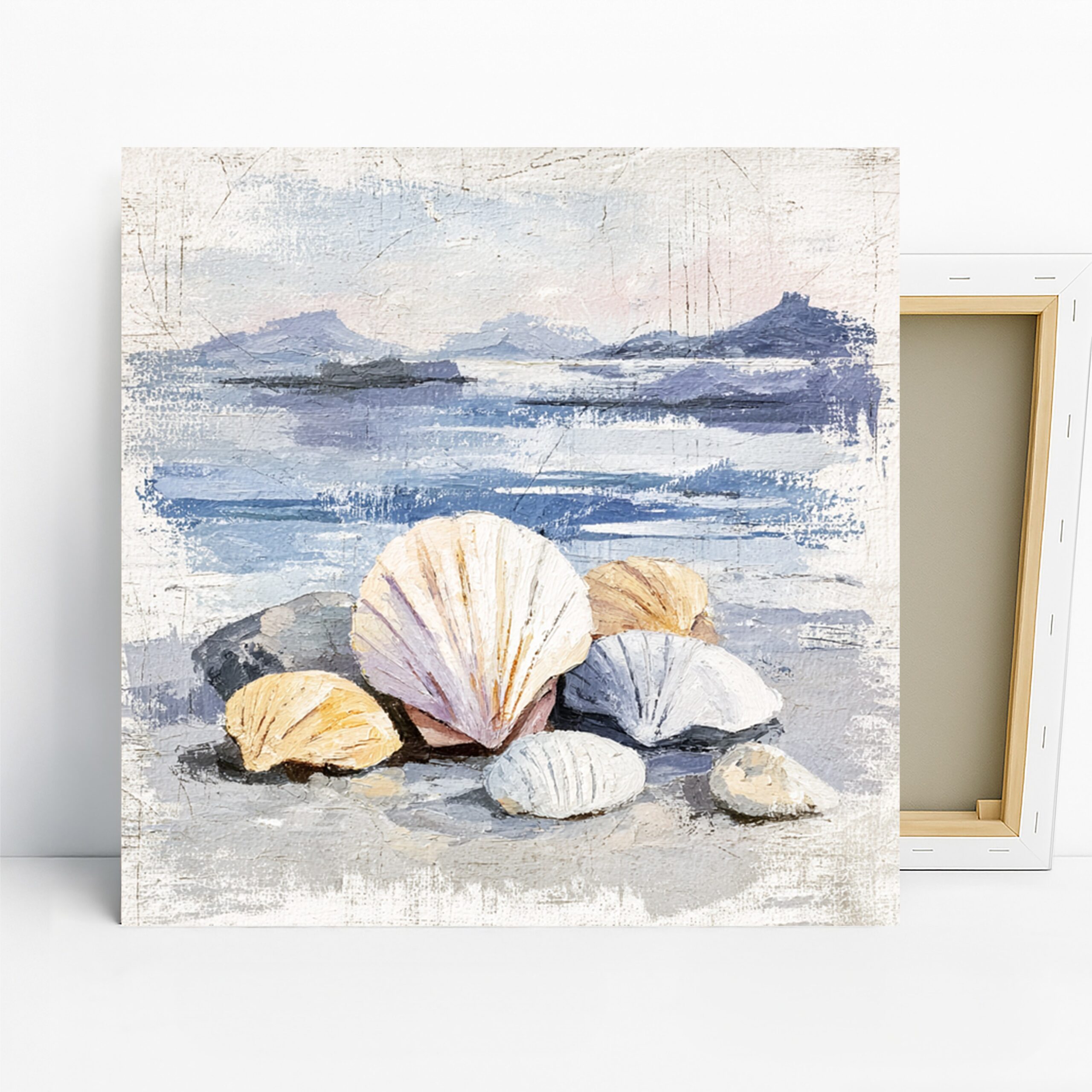 Seashell Beach Art, Canvas or Poster, Impressionism Rustic Coastal Decor, Bathroom Bedroom Living Room Wall Art, Blue White Yellow Brown