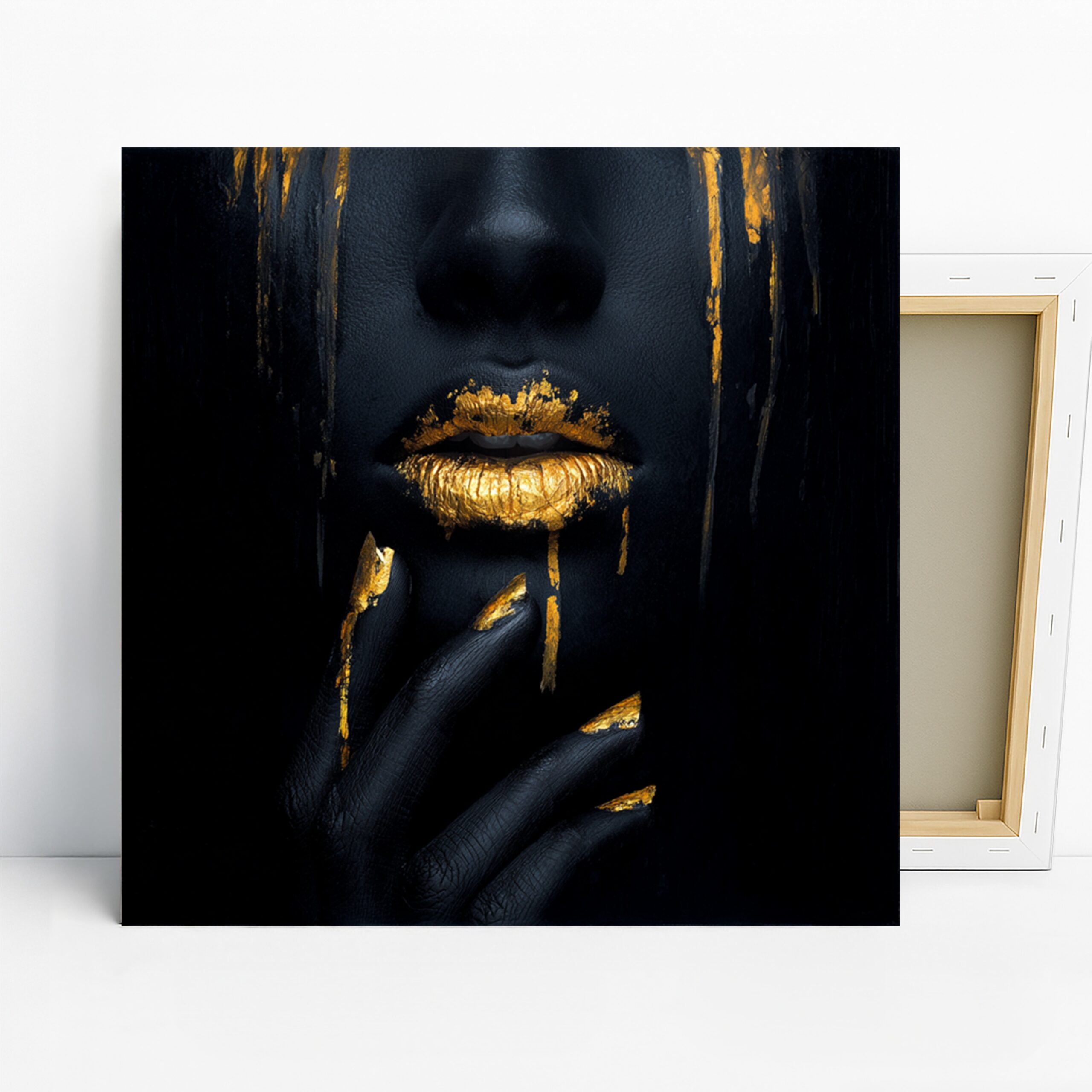 Golden Lips Art, Canvas or Poster, Contemporary Glam Decor, Bedroom Living Room Bathroom Makeup Room Wall Art, Black Gold Yellow