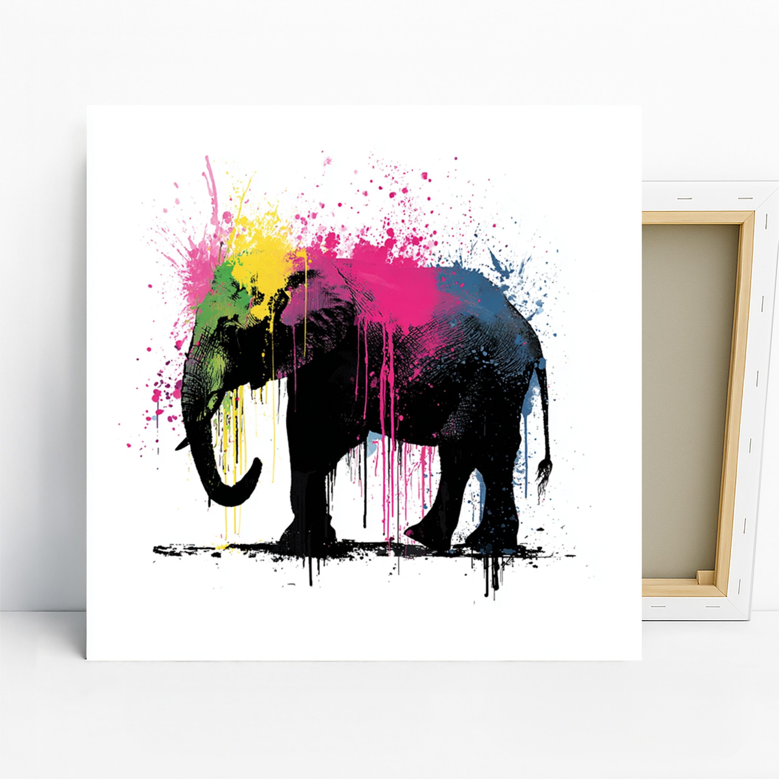 Elephant Art, Canvas or Poster, Abstract Modern Decor, Living Room Bedroom Office Children’s Room Wall Art, Black Pink Yellow Blue