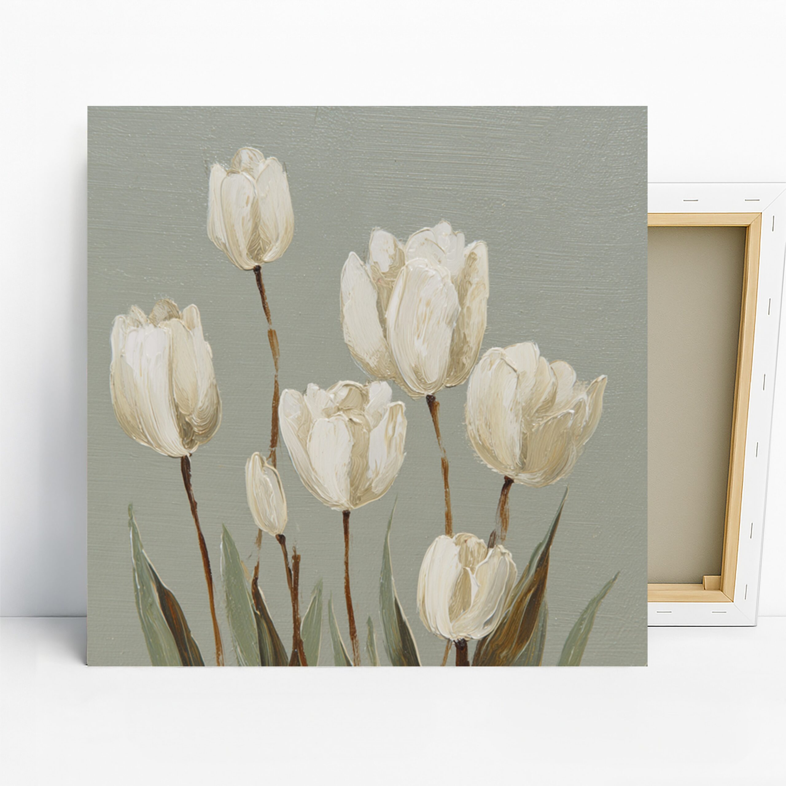 White Tulip Art, Canvas or Poster, Floral Contemporary Decor, Living Room Bedroom Dining Office Wall Art, White Grey Green Minimalist