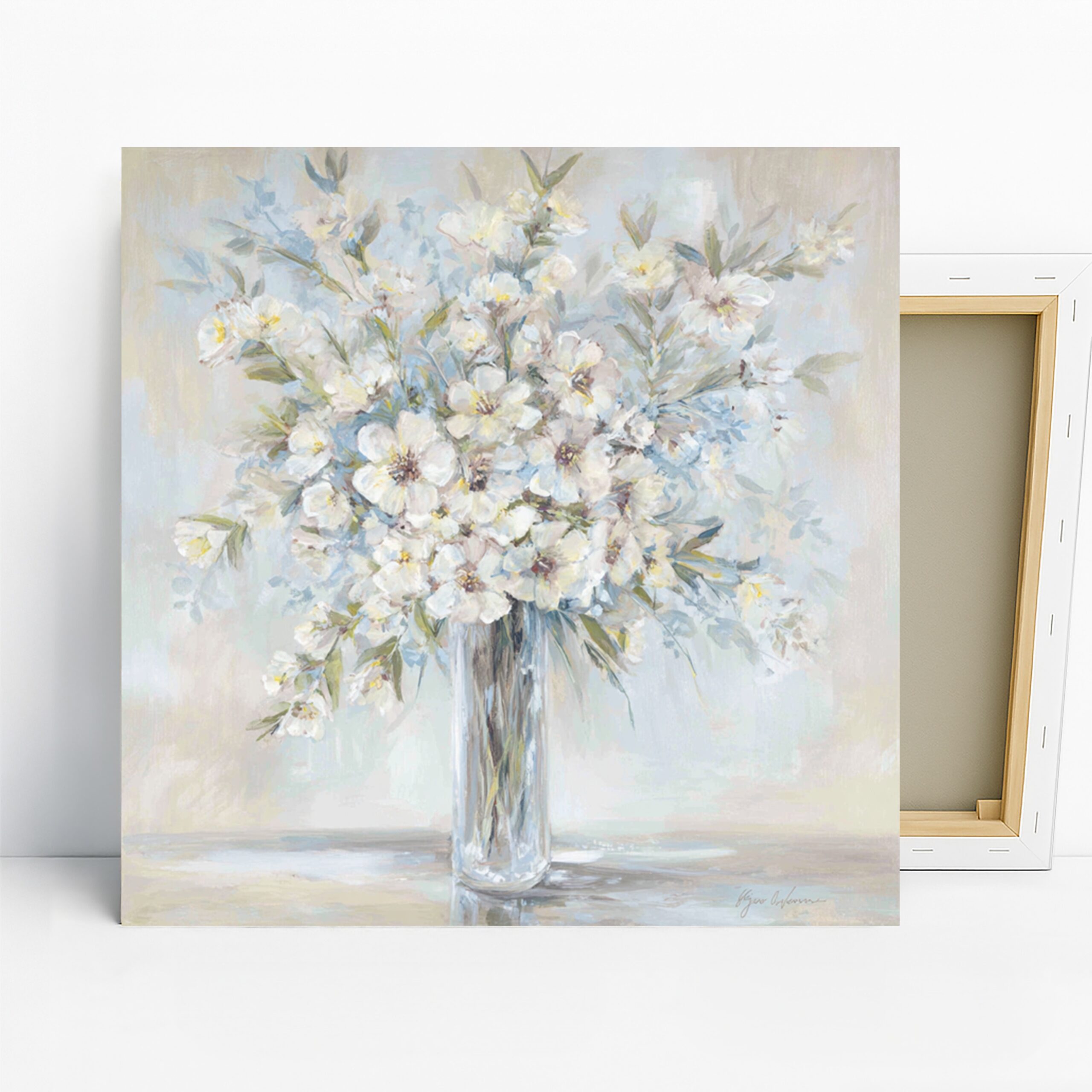 Elegant White Blossoms Art, Canvas or Poster, Floral Impressionism Decor, Living Room Bedroom Dining Room Wall Art, Blue Green Yellow White