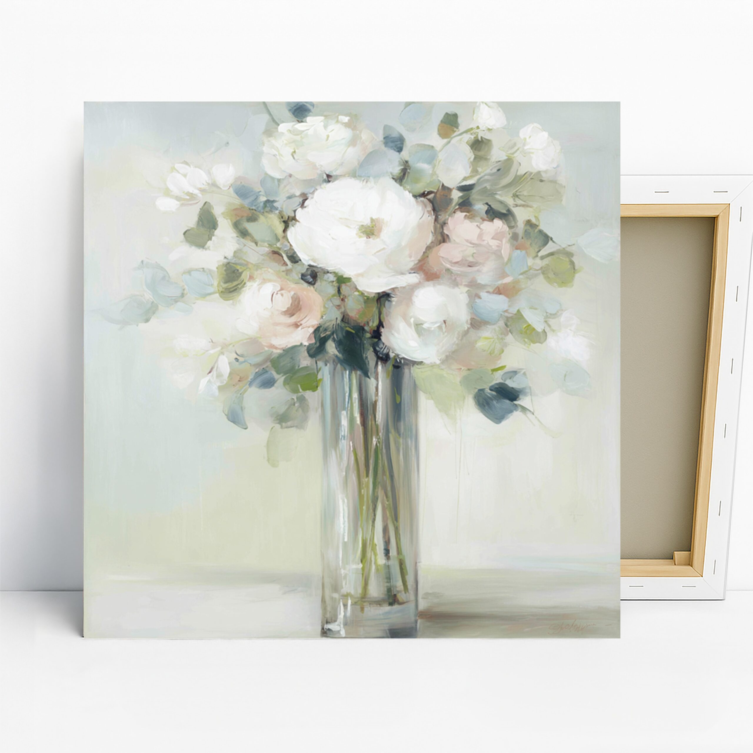 Elegant White Bouquet Art, Canvas or Poster, Floral Impressionism Decor, Living Room Bedroom Dining Room Wall Art, White Green Pink Beige