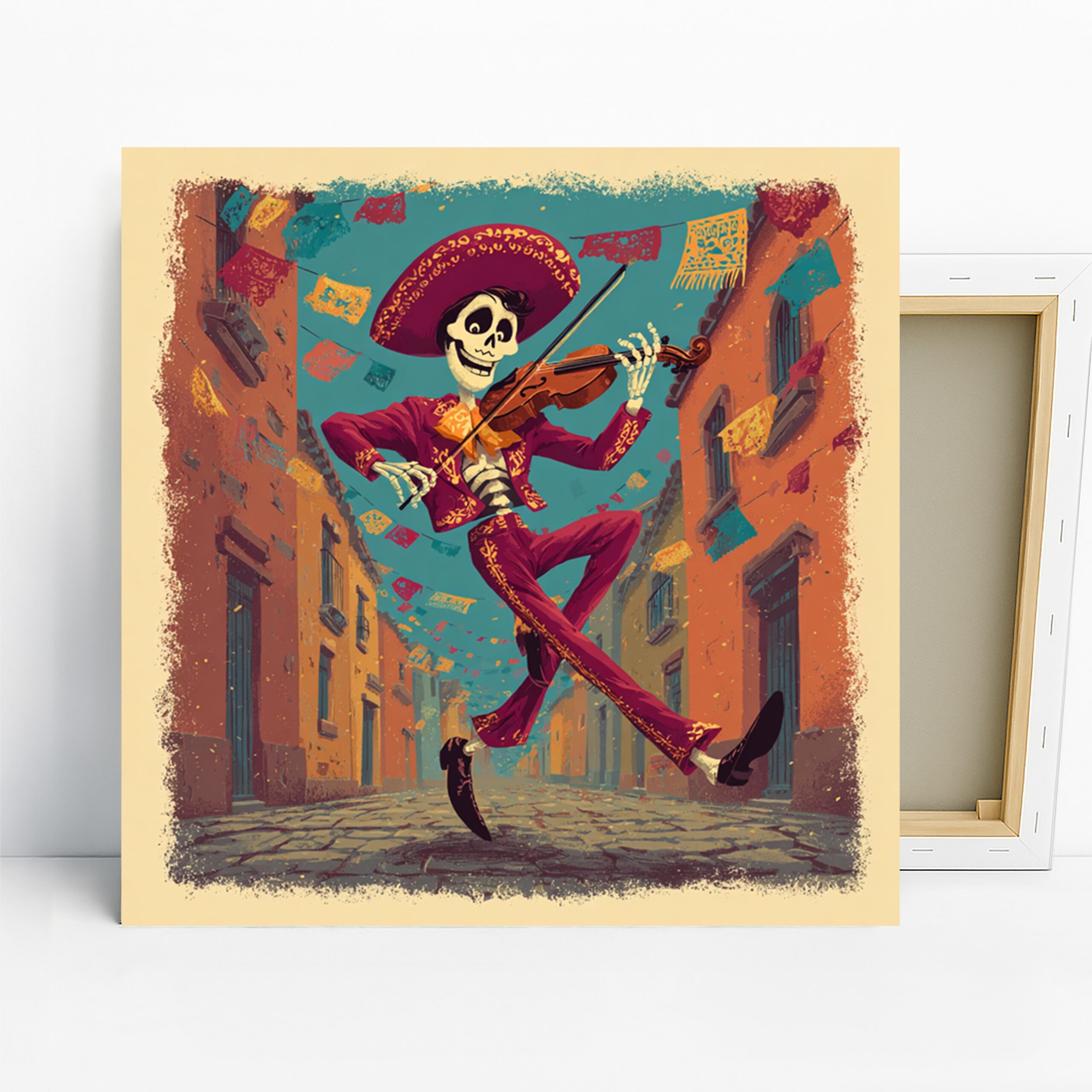 Mariachi Skeleton Art, Canvas or Poster, Whimsical Vintage Decor, Living Room Dining Hallway Game Room Wall Art, Red Teal Orange Purple