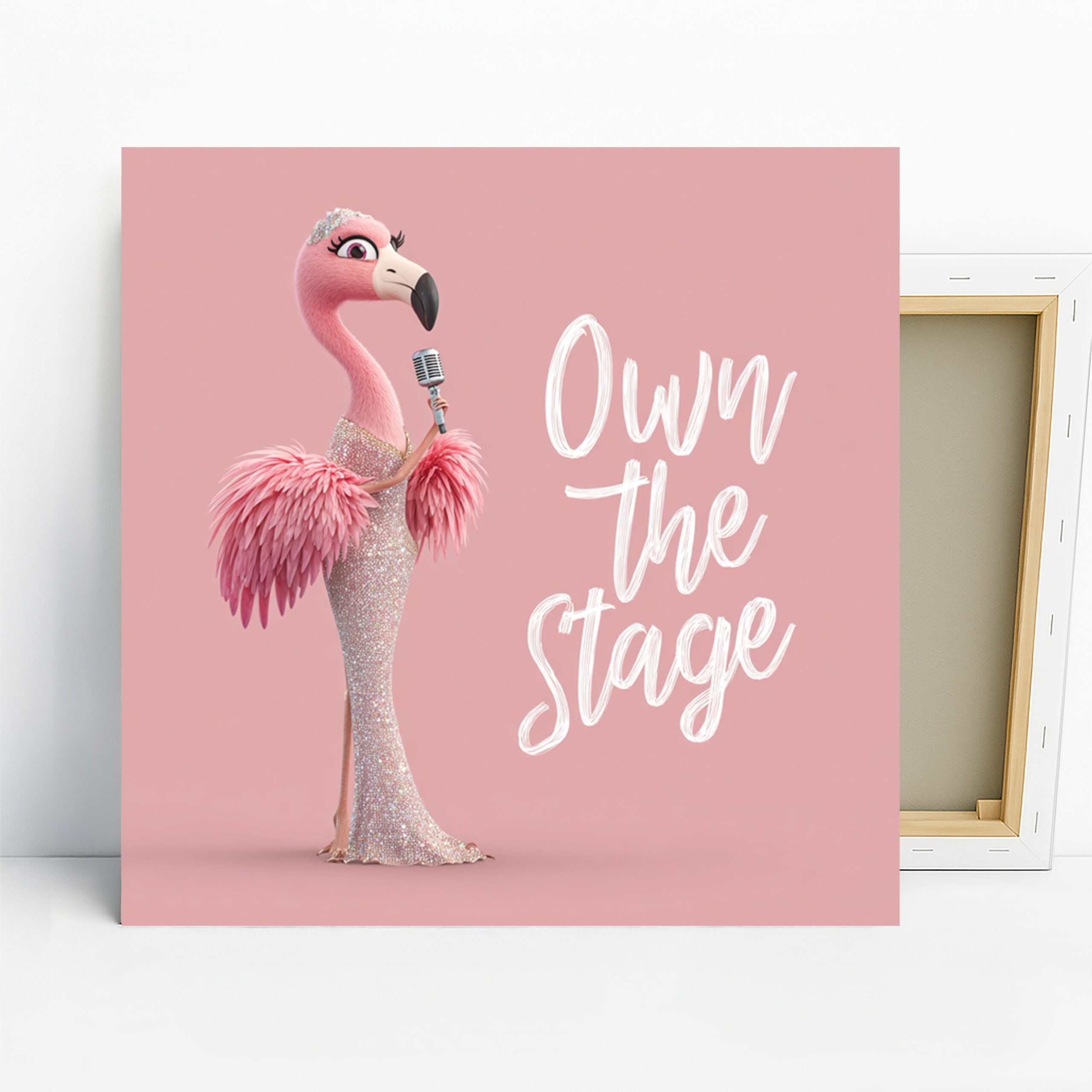 Flamingo Art, Canvas or Poster, Whimsical Pop Glam Decor, Living Room Bedroom Office Children’s Room Wall Art, Pink White Silver