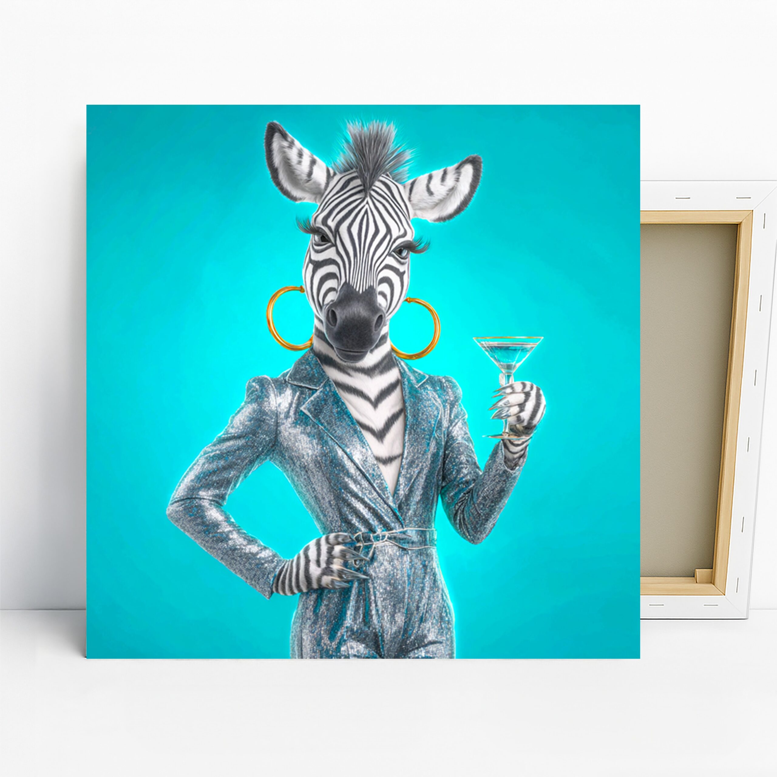 Zebra Art, Canvas or Poster, Pop Art Modern Glam Decor, Living Room Office Bedroom Wall Art, Turquoise Black White Gold