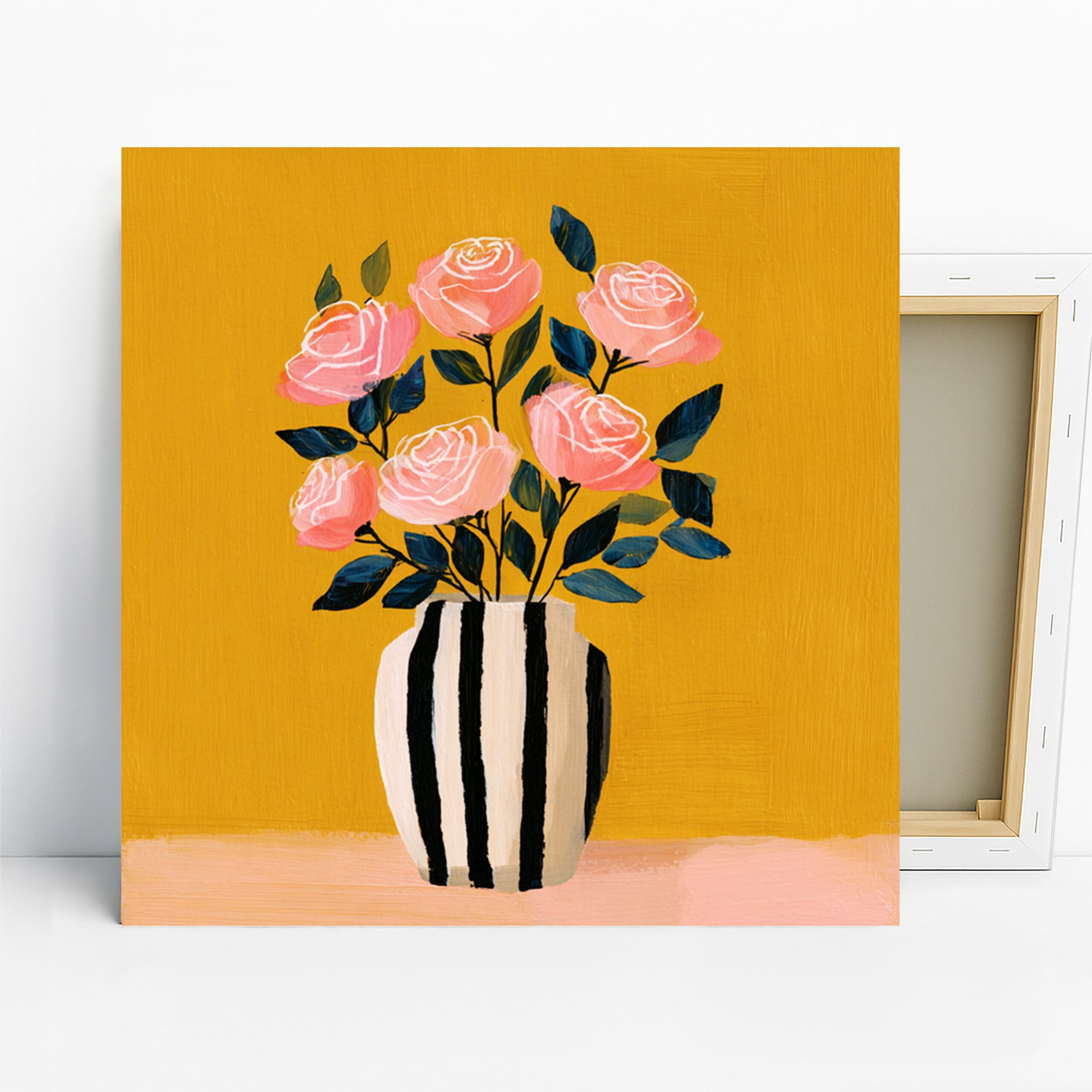 Striped Vase Rose Art, Canvas or Poster, Floral Contemporary Decor, Living Room Bedroom Office Wall Art, Pink Yellow Blue White