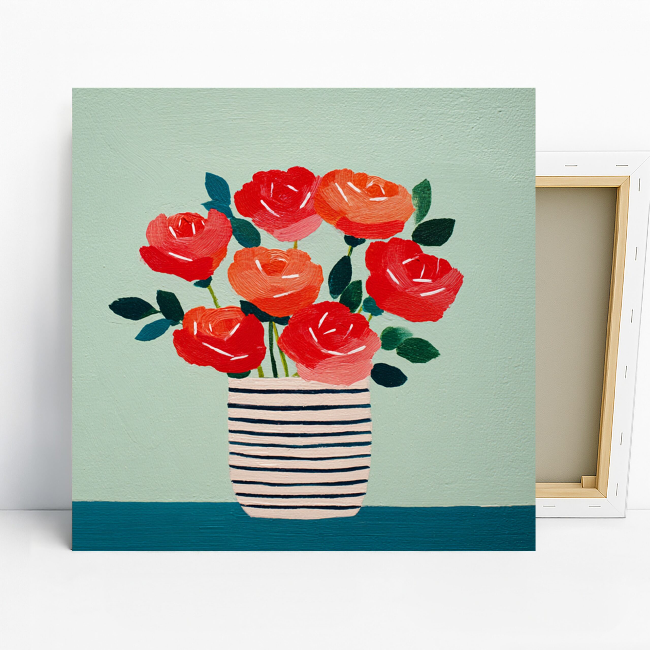 Red Roses Vase Art, Canvas or Poster, Floral Contemporary Decor, Living Room Bedroom Office Wall Art, Red Orange Green Blue