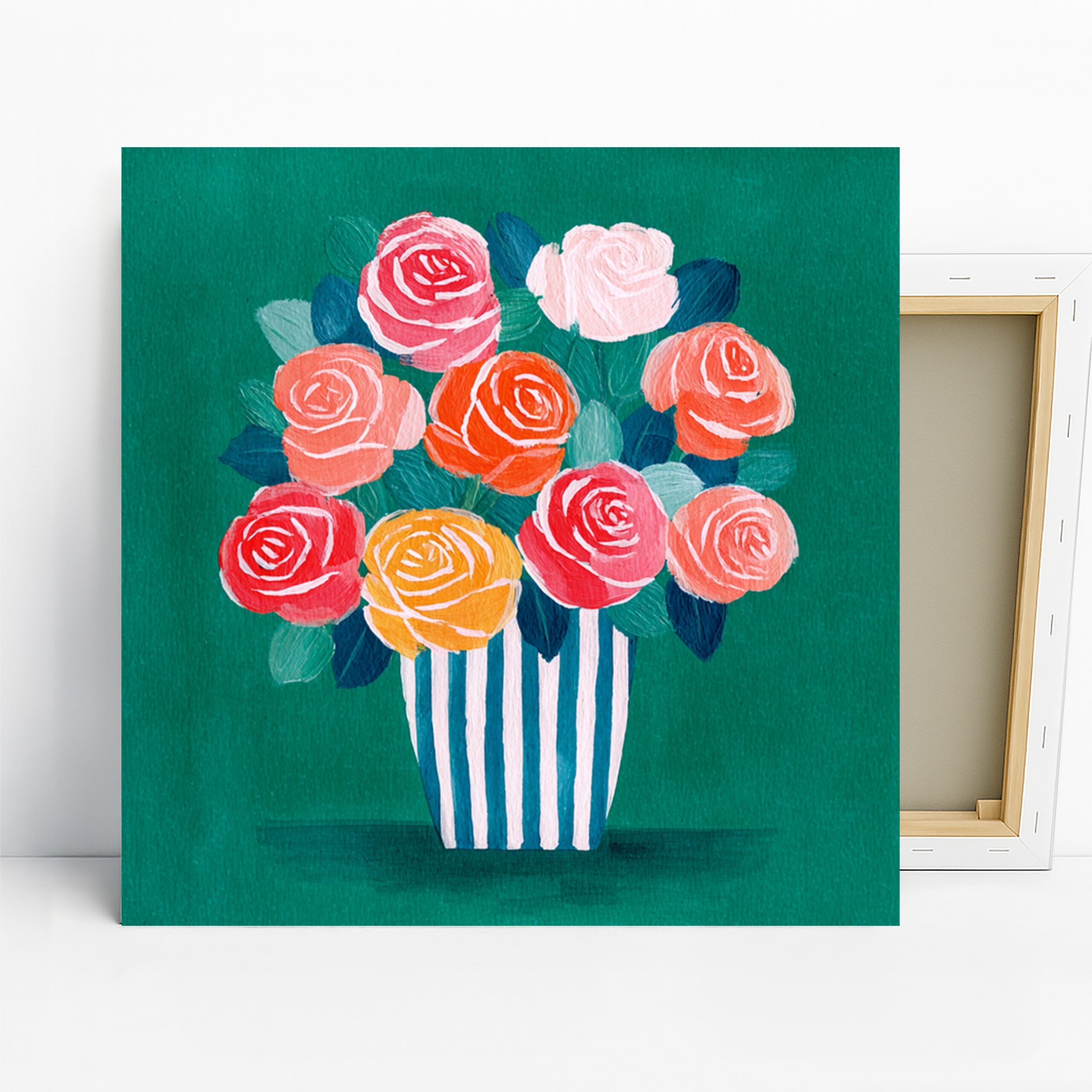 Vibrant Rose Bouquet Art, Canvas or Poster, Floral Contemporary Decor, Living Room Bedroom Dining Office Wall Art, Green Pink Orange Yellow