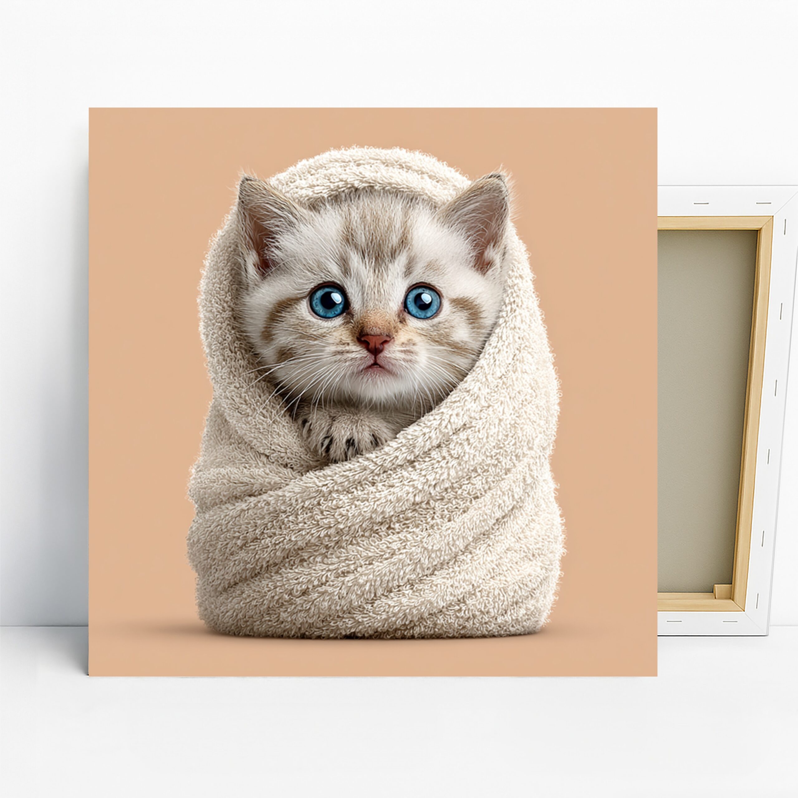 Kitten Art, Canvas or Poster, Whimsical Contemporary Decor, Nursery Children’s Bedroom Bathroom Wall Art, White Blue Beige Brown Cozy Print