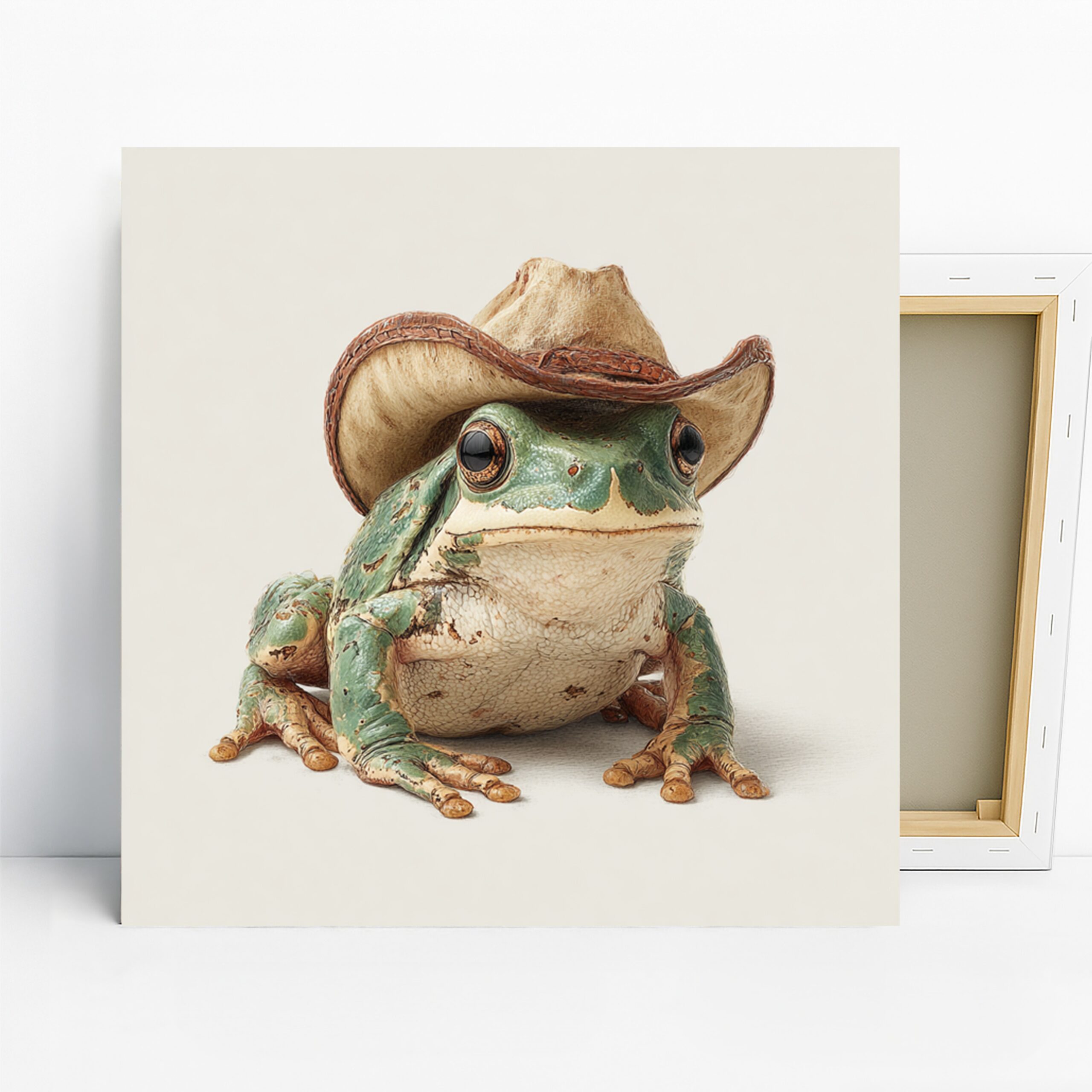 Cowboy Frog Art, Canvas or Poster, Whimsical Rustic Decor, Living Room Office Game Room Children’s Room Wall Art, Green Brown Beige White