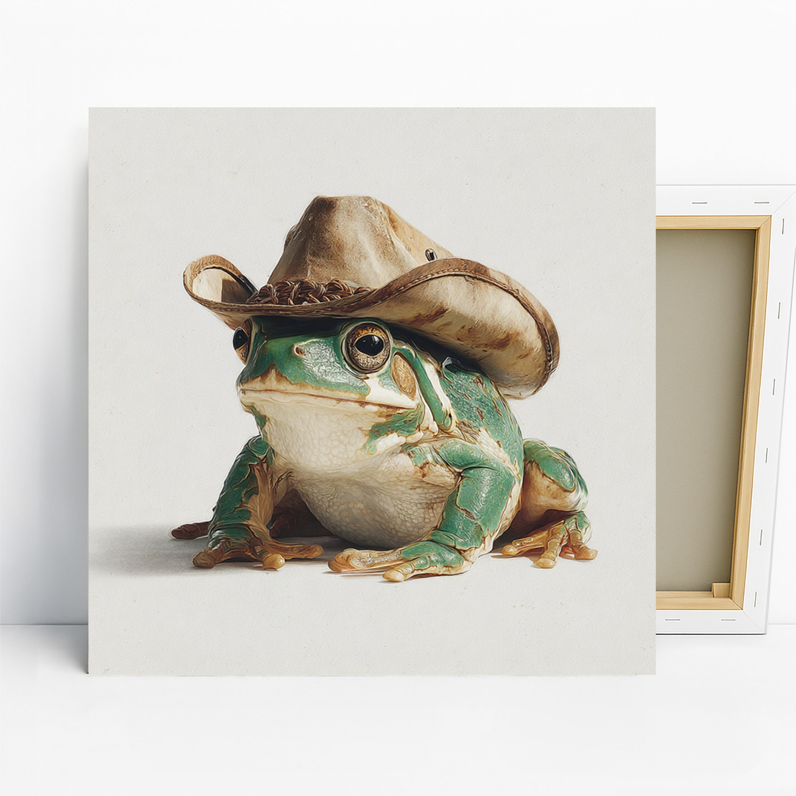 Cowboy Frog Art, Canvas or Poster, Whimsical Animal Rustic Decor, Living Room Office Children Room Bedroom Wall Art, Green Brown Beige White