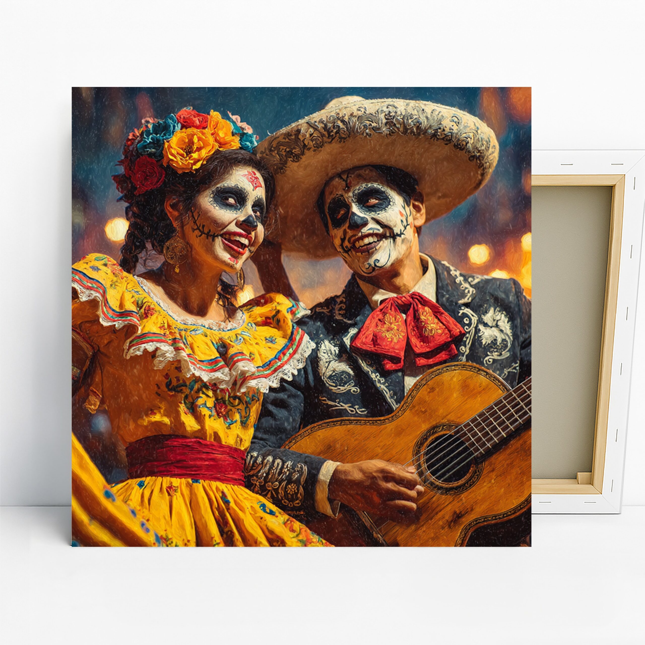 Day of the Dead Art, Canvas or Poster, Whimsical Rustic Decor, Living Room Bedroom Dining Room Wall Art, Yellow Red Blue Brown