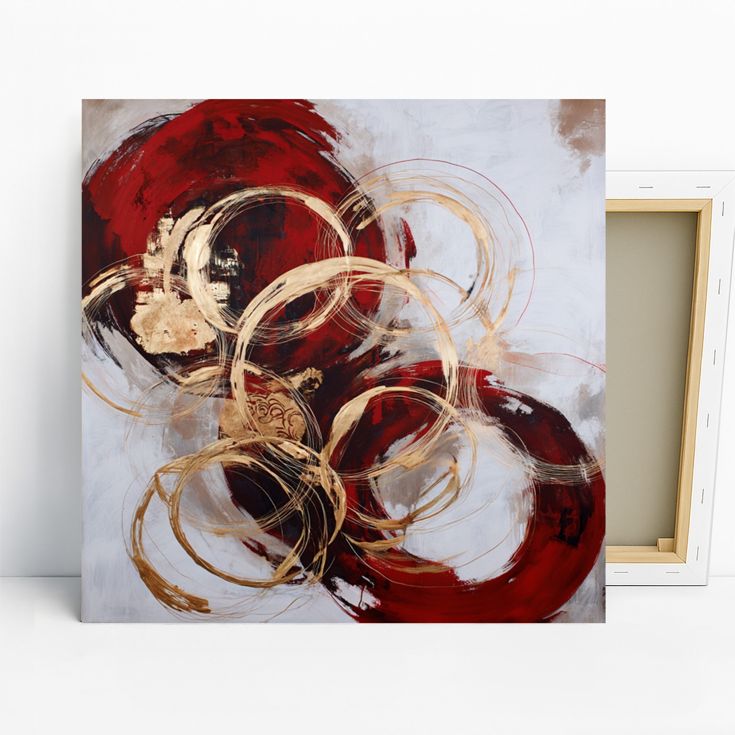 Crimson Circles Art, Canvas or Poster, Abstract Modern Minimalist Decor, Living Room Bedroom Office Dining Wall Art, Red Gold Black White