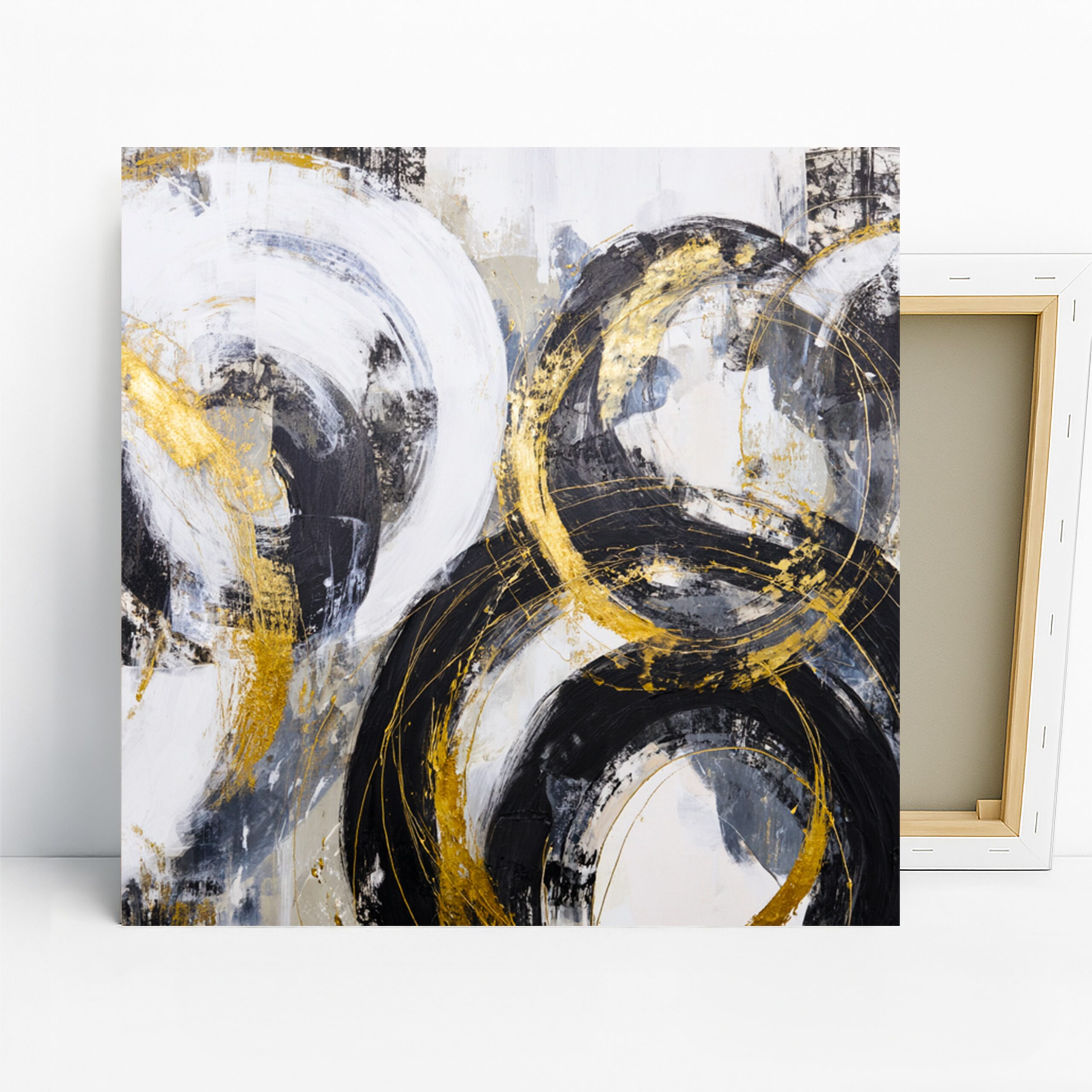 Golden Circles Art, Canvas or Poster, Abstract Modern Glam Decor, Living Room Bedroom Dining Room Wall Art, Black White Gold and Grey