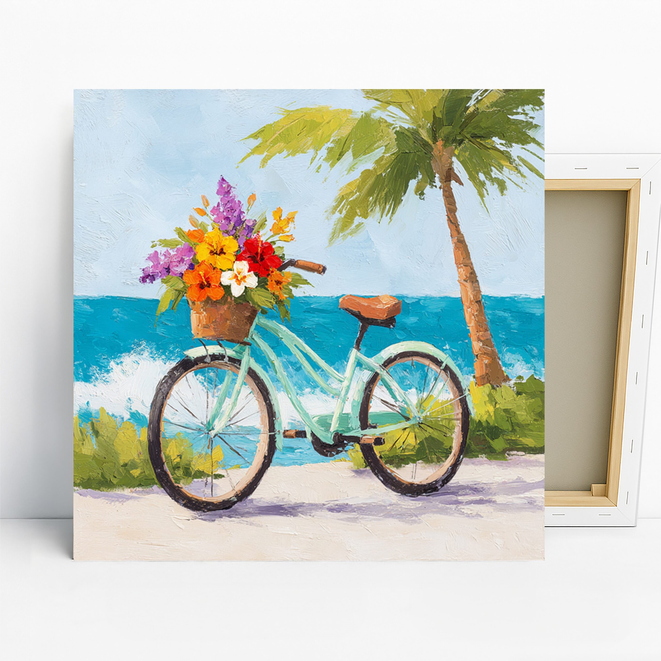 Tropical Bicycle Art, Canvas or Poster, Whimsical Vintage Coastal Decor, Living Room Bedroom Sunroom Wall Art, Blue Green Yellow Orange