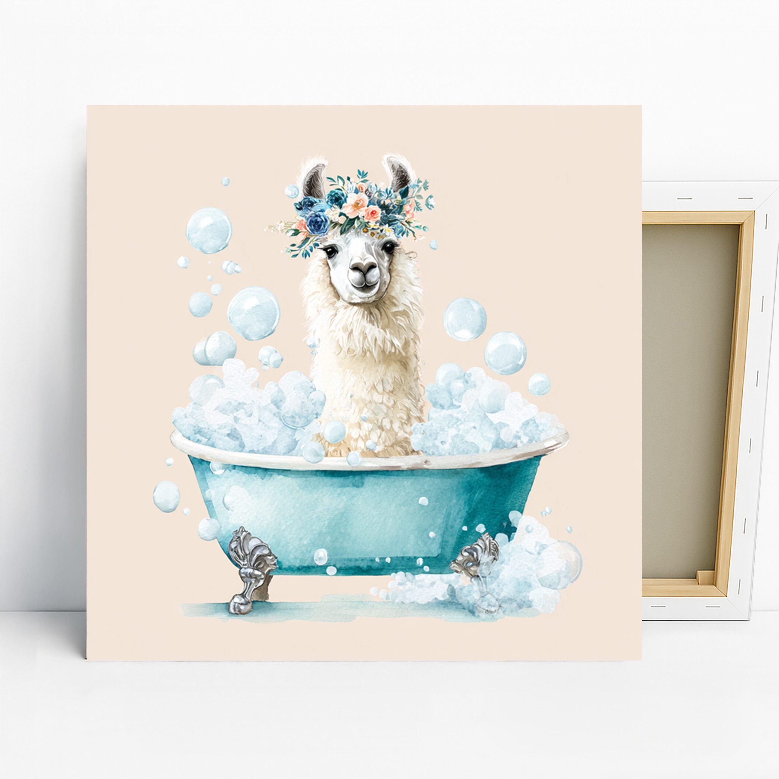 Llama Bath Time Art, Canvas or Poster, Whimsical Farmhouse Decor, Nursery Children’s Room Bathroom Wall Art, White Blue Teal Beige