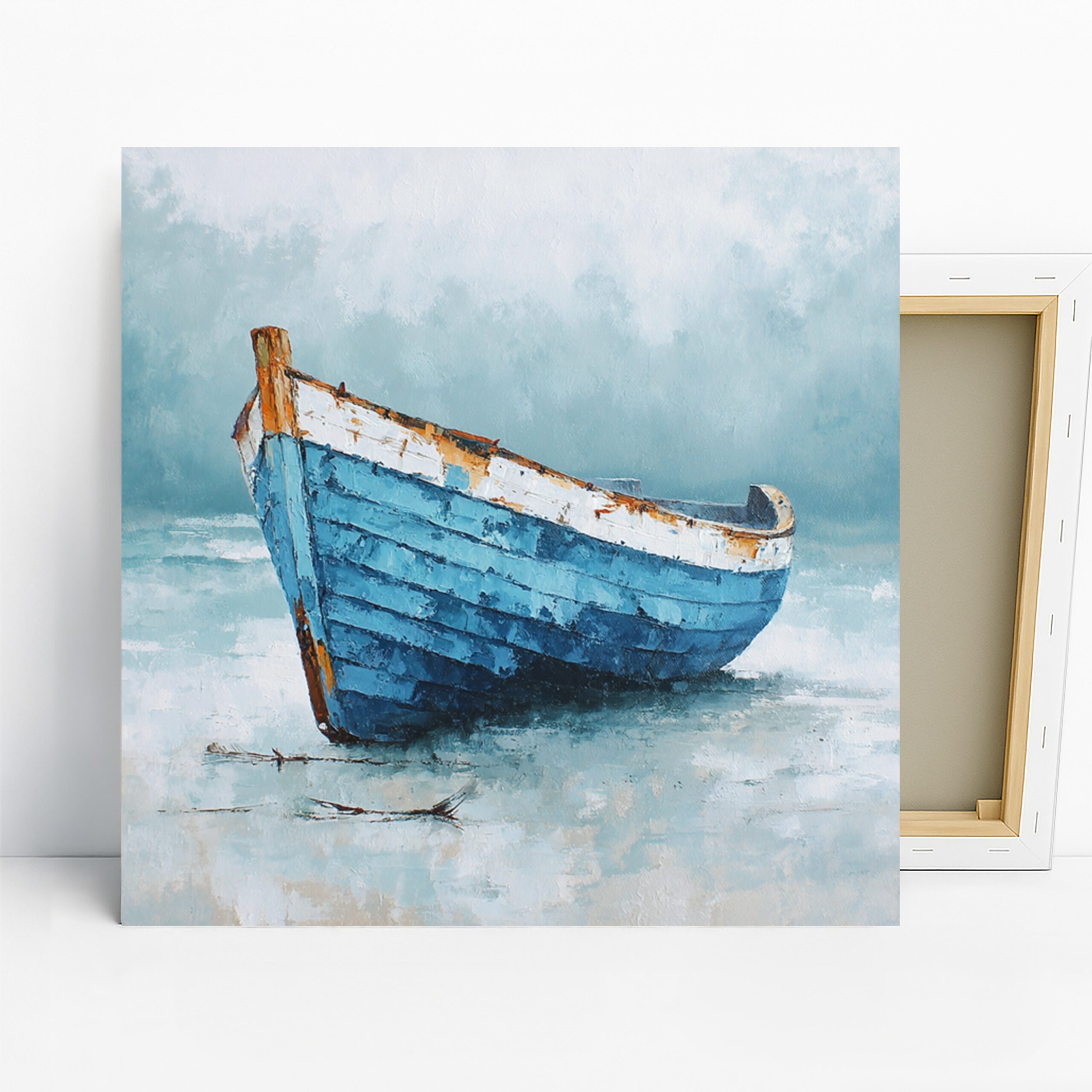 Weathered Blue Boat Art, Canvas or Poster, Contemporary Rustic Decor, Living Room Bedroom Bathroom Wall Art, Blue White Brown Coastal