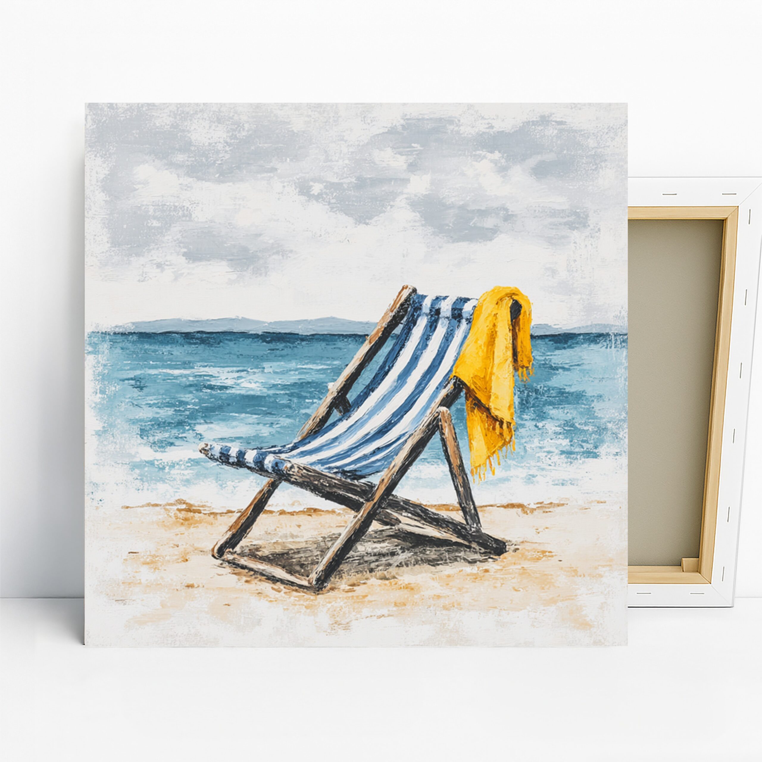 Beach Chair Art, Canvas or Poster, Contemporary Coastal Decor, Living Room Bedroom Bathroom Wall Art, Blue Yellow White, Seascape Print