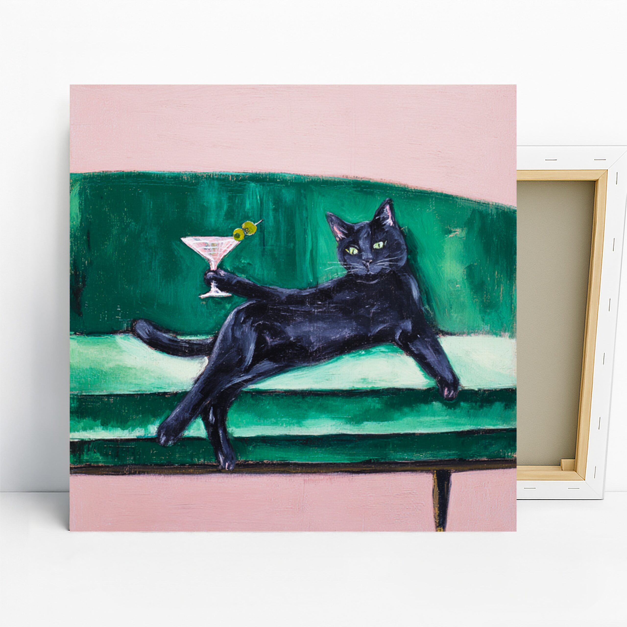 Cat Art, Canvas or Poster, Whimsical Modern Decor, Living Room Bar Dining Office Wall Art, Black Green Pink and White
