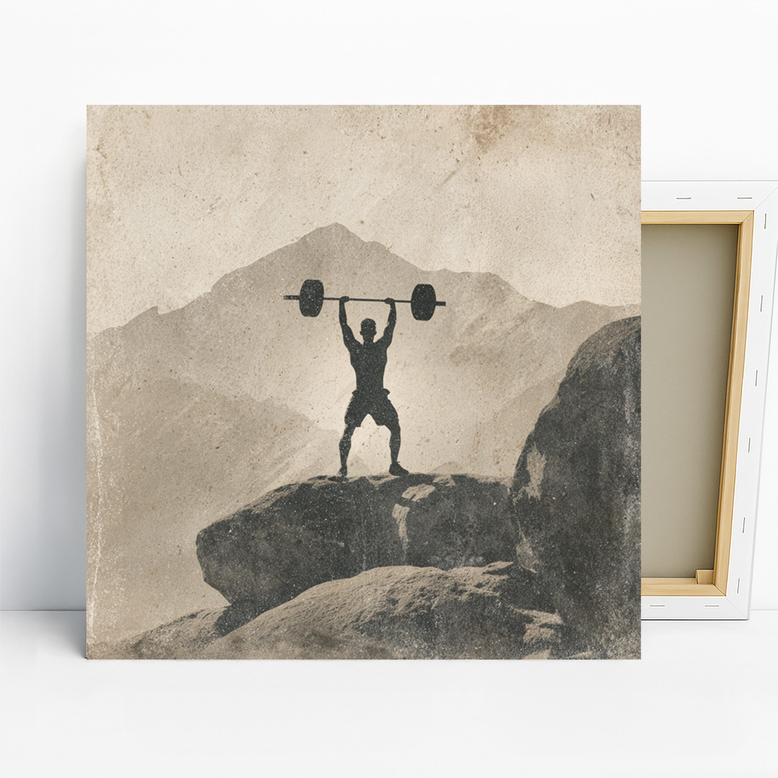 Mountain Weightlifter Art, Canvas or Poster, Contemporary Minimalist Decor, Home Gym Office Living Room Wall Art, Black White Grey Beige