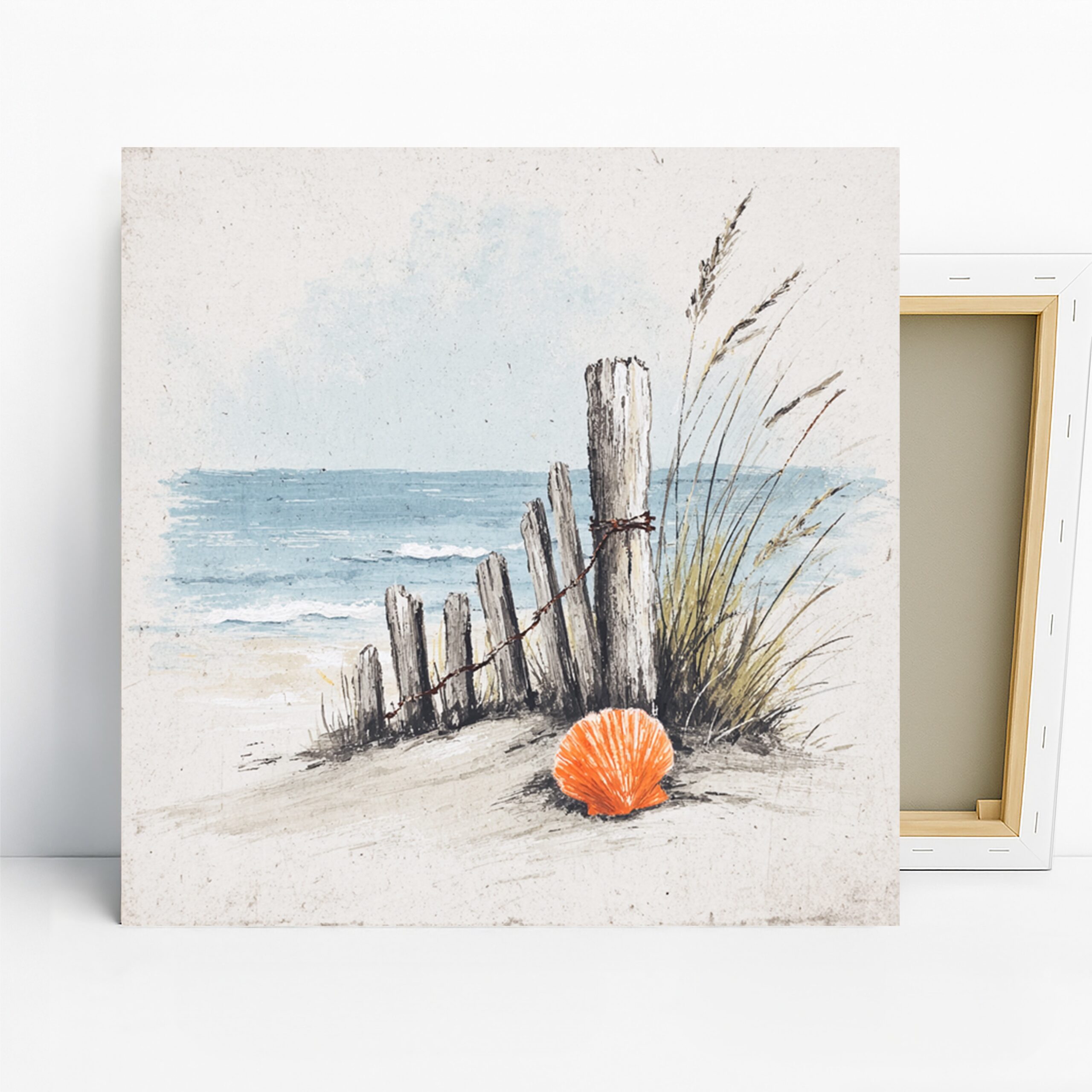 Coastal Shell Art, Canvas or Poster, Nature Contemporary Decor, Living Room Bedroom Bathroom Entryway Wall Art, Blue Orange White