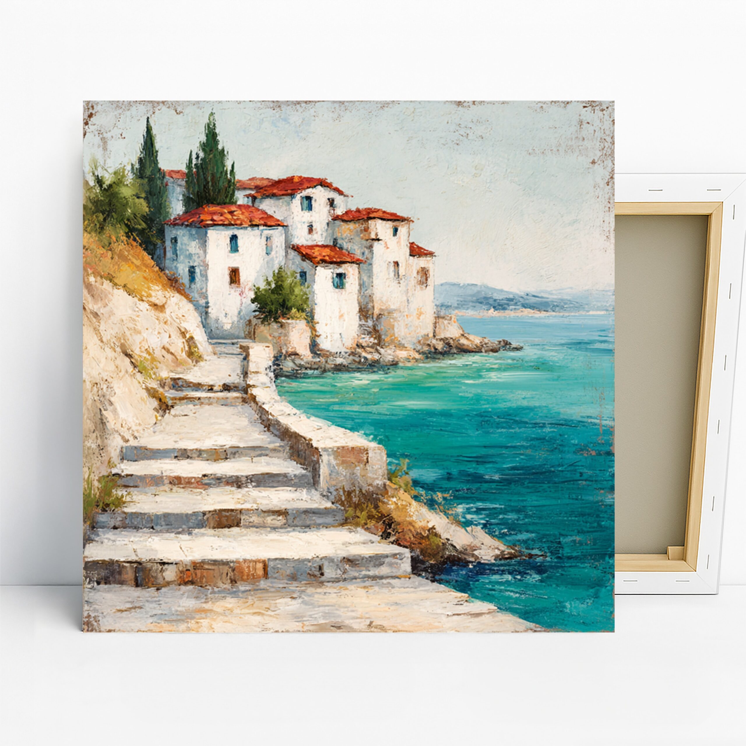 Coastal Village Art, Canvas or Poster, Impressionism Rustic Decor, Living Room Bedroom Dining Room Wall Art, Blue White Red Green